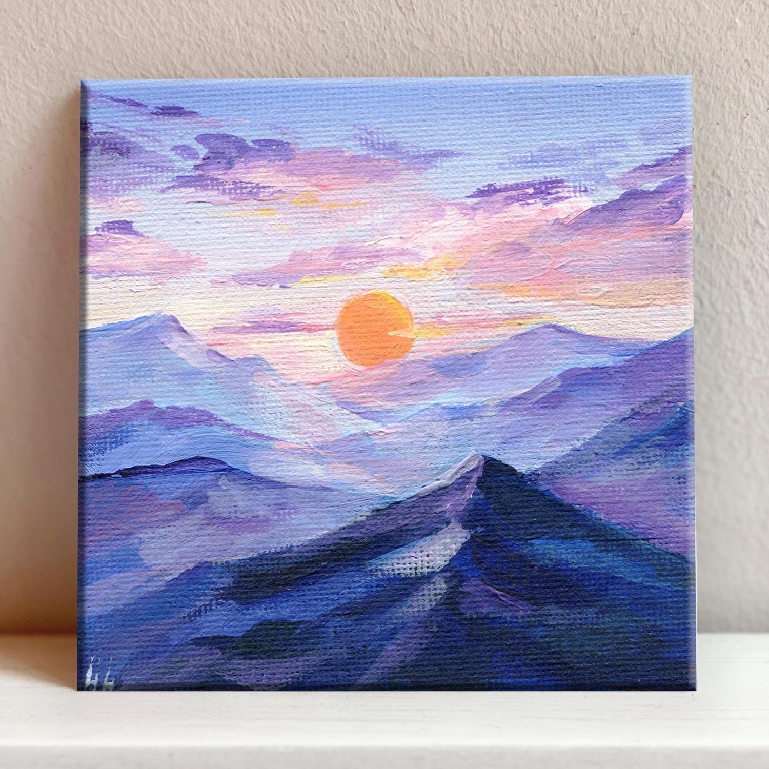 Original acrylic sunset painting by Hanna Hryharenka – purple mountains and sun