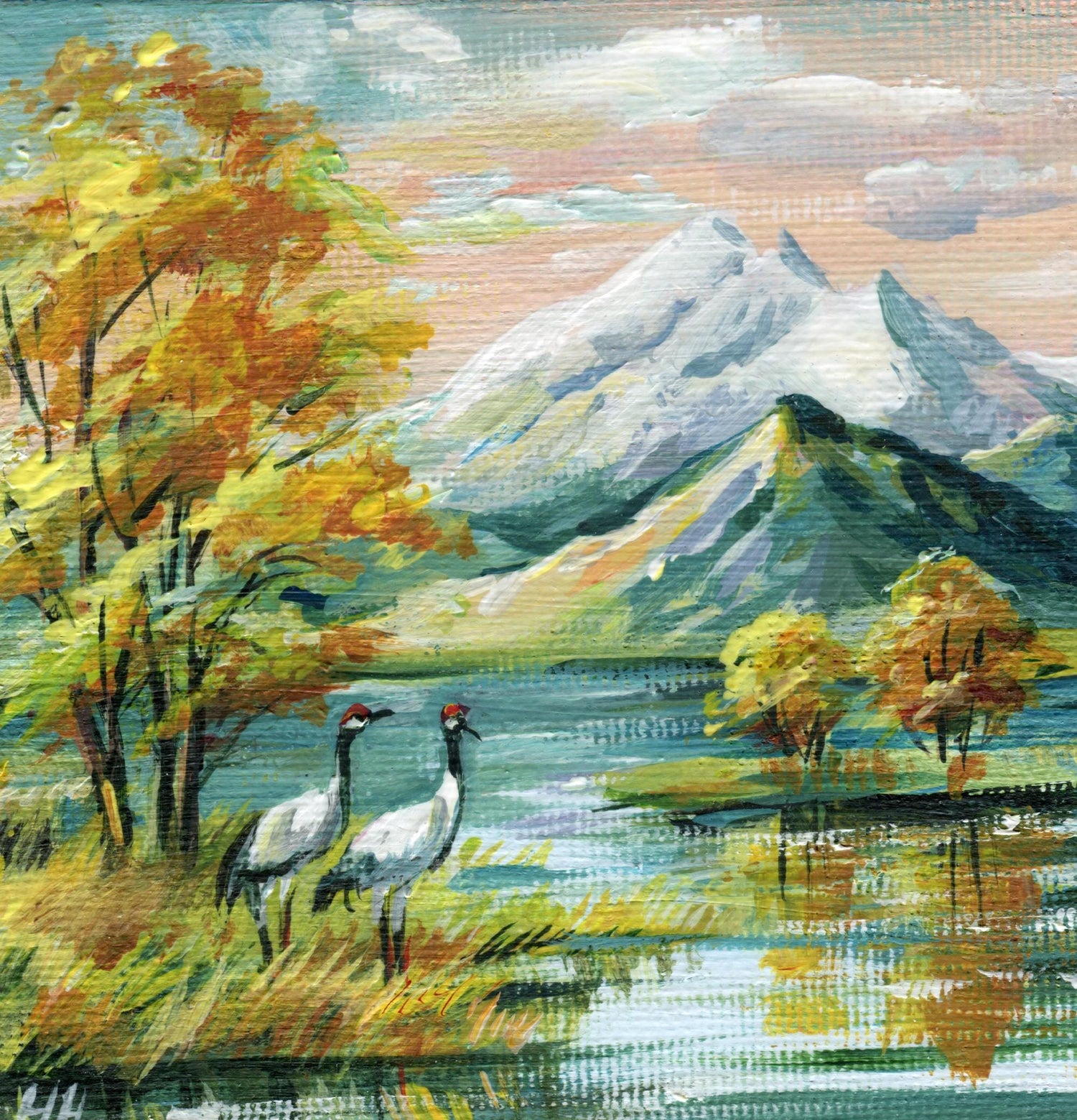Original landscape painting with autumn trees, snowy mountains, and two cranes by a lake – artwork by Hanna Hryharenka | Hanna Art Decor