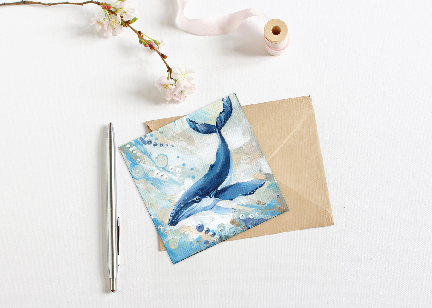 Whale Painting. Hand-Painted Mini Canvas, Ocean Animal Art, Marine Life Decor, Coastal Art 4x4 in, Gift Small Original Hand-Painted Artwork