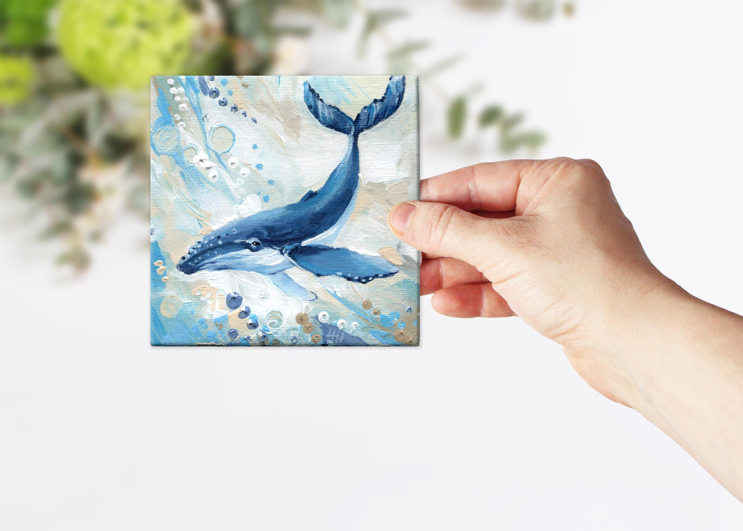 Whale Painting. Hand-Painted Mini Canvas, Ocean Animal Art, Marine Life Decor, Coastal Art 4x4 in, Gift Small Original Hand-Painted Artwork