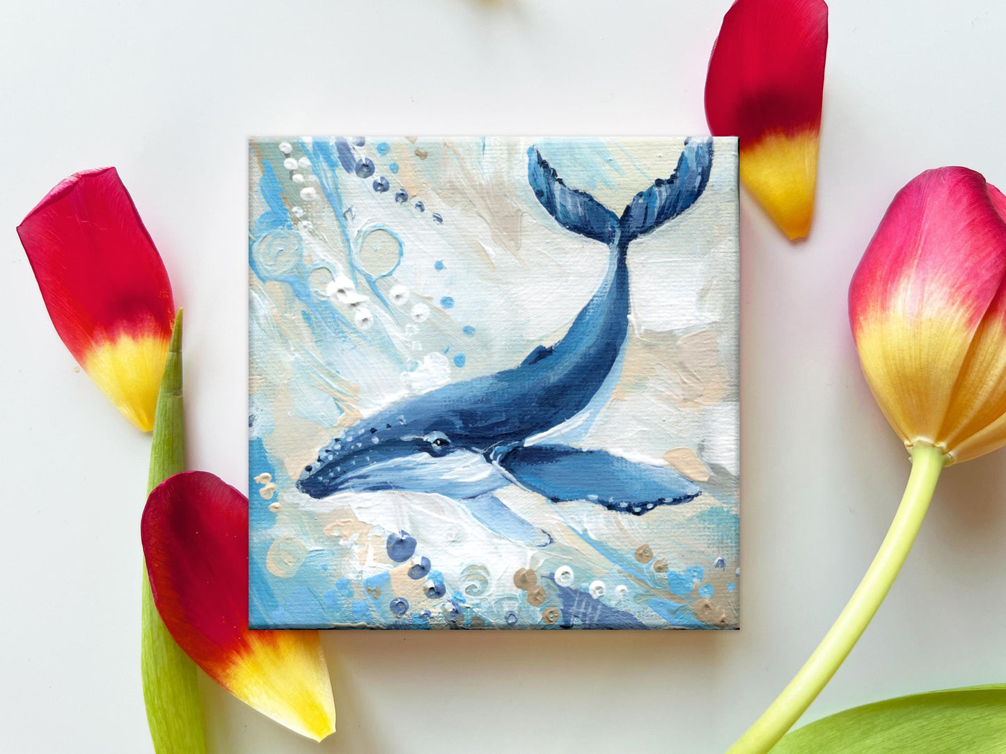 Whale Painting. Hand-Painted Mini Canvas, Ocean Animal Art, Marine Life Decor, Coastal Art 4x4 in, Gift Small Original Hand-Painted Artwork