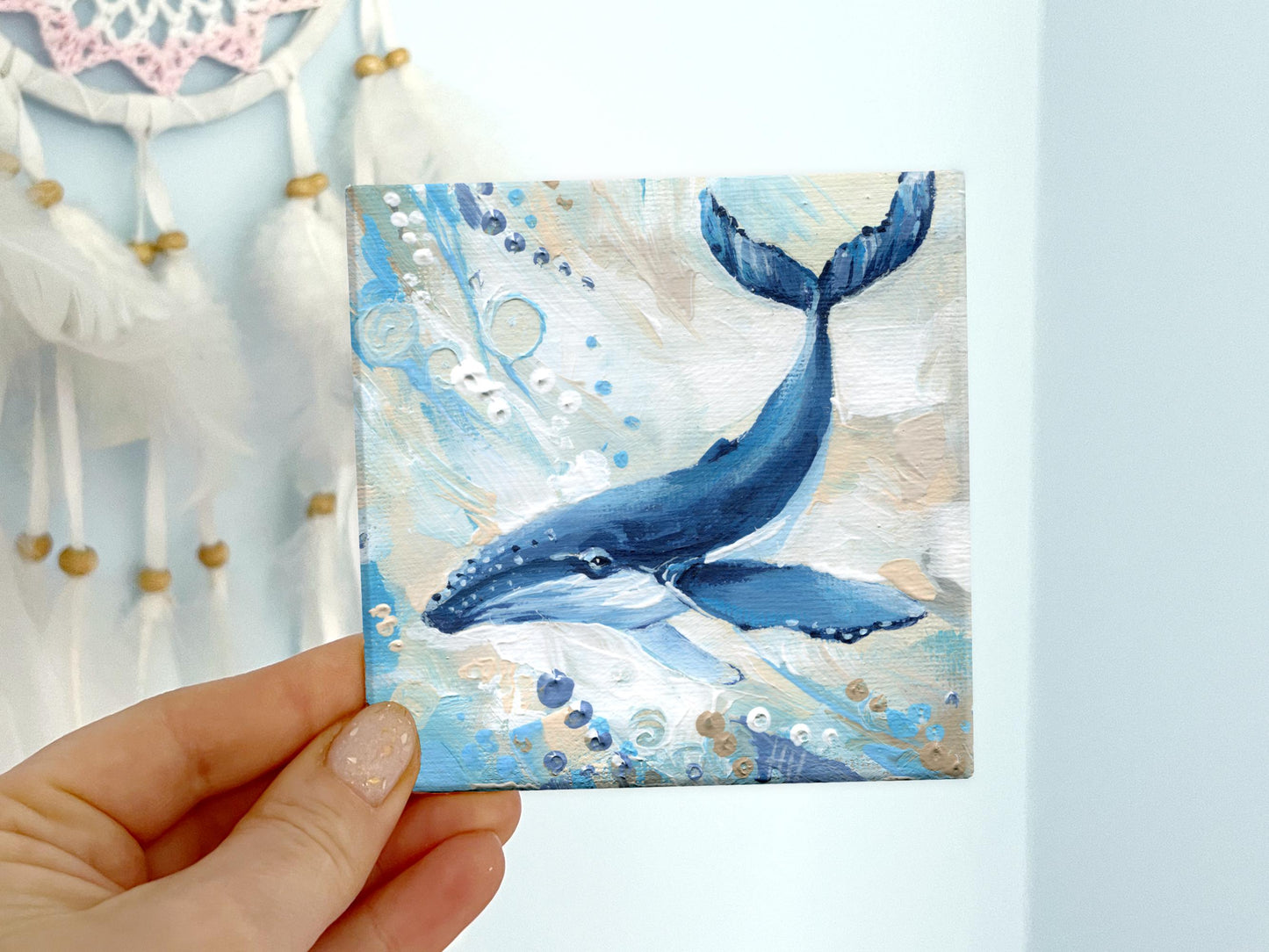 Whale Painting. Hand-Painted Mini Canvas, Ocean Animal Art, Marine Life Decor, Coastal Art 4x4 in, Gift Small Original Hand-Painted Artwork