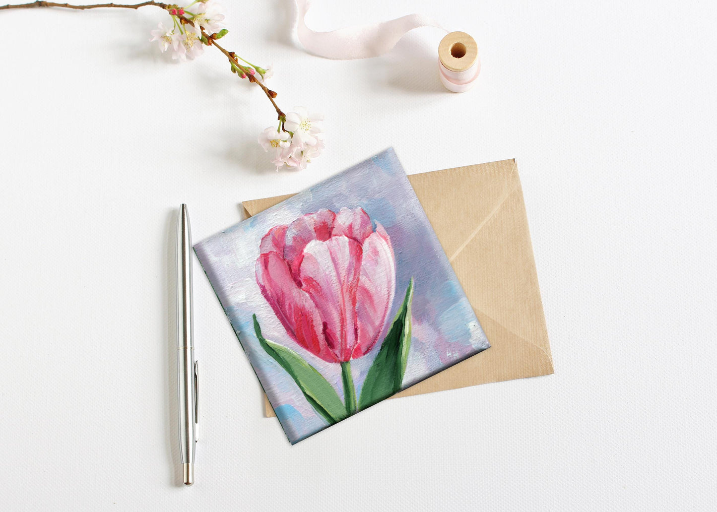 Tulip Painting Pink Flower Art, Floral Wall Decor, Spring Botanical Gift Hand-Painted Mini Canvas 4x4in, Romantic Gift, Original Artwork