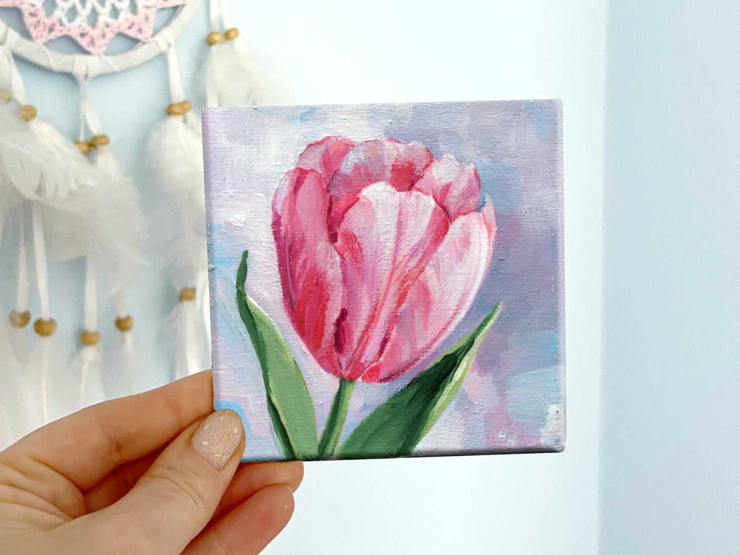Tulip Painting Pink Flower Art, Floral Wall Decor, Spring Botanical Gift Hand-Painted Mini Canvas 4x4in, Romantic Gift, Original Artwork