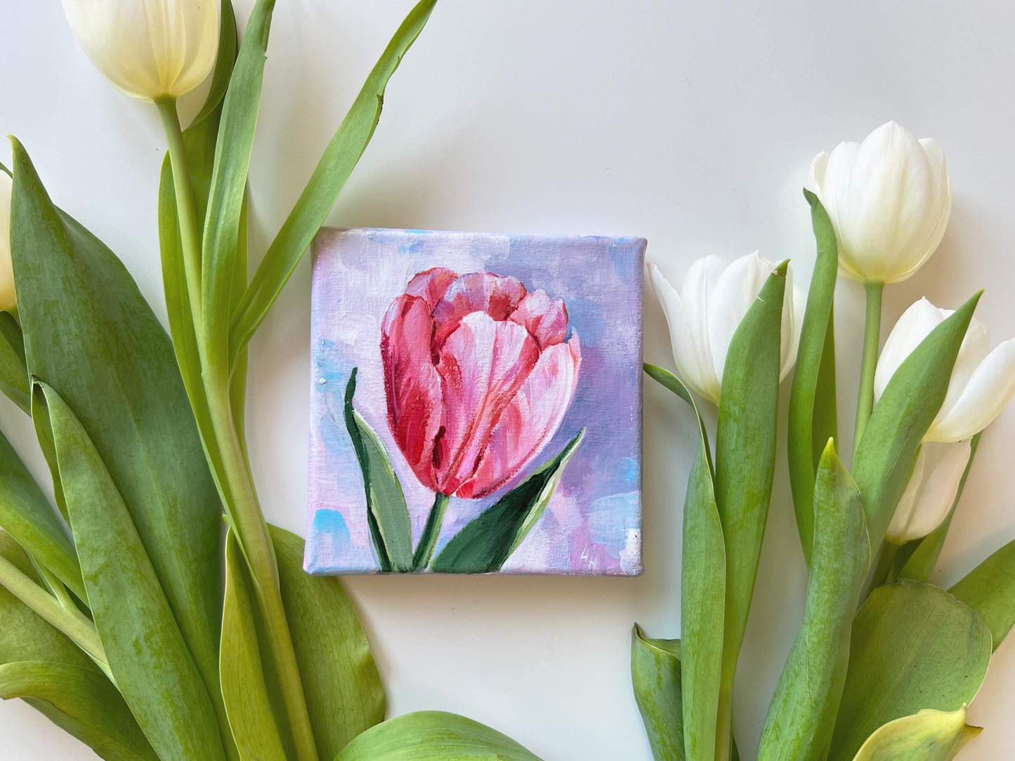 Tulip Painting Pink Flower Art, Floral Wall Decor, Spring Botanical Gift Hand-Painted Mini Canvas 4x4in, Romantic Gift, Original Artwork