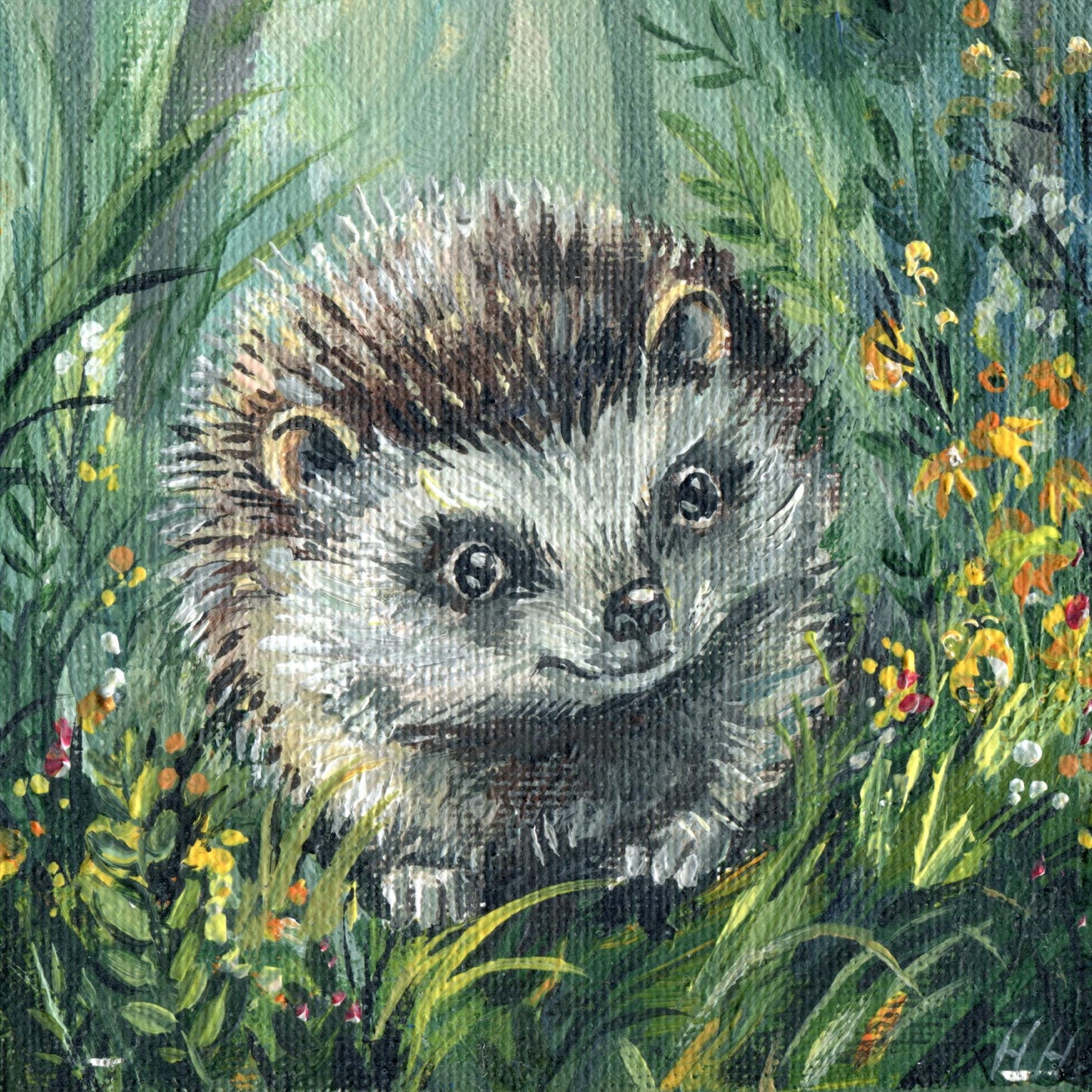 Hedgehog Painting. Hand-Painted Mini Canvas, Woodland Animal Art, Cute Forest Decor, Nature Lover Gift. 10x10 cm(4x4 in), Original Artwork