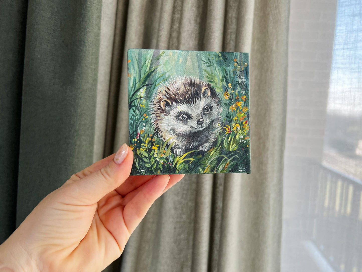 Hedgehog Painting. Hand-Painted Mini Canvas, Woodland Animal Art, Cute Forest Decor, Nature Lover Gift. 10x10 cm(4x4 in), Original Artwork