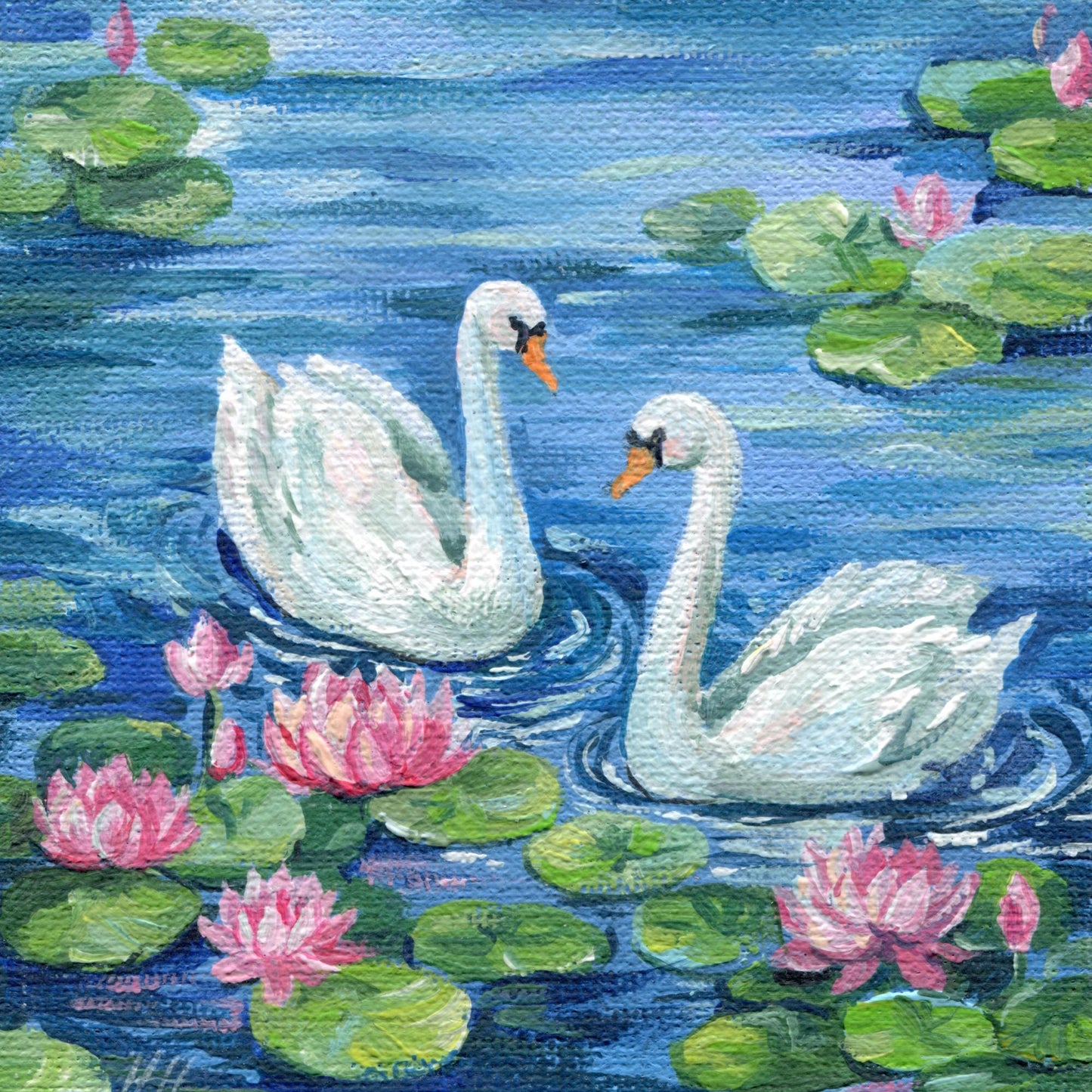 Swan Painting. Hand-Painted Mini Canvas, Romantic Lake, Water Lily Decor, Nature Lover Gift Landscape Artwork 4x4in, Gift, Original Artwork