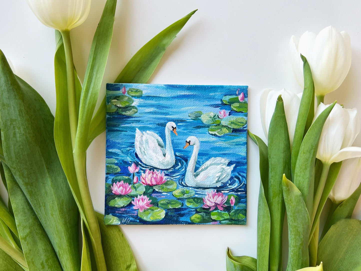 Swan Painting. Hand-Painted Mini Canvas, Romantic Lake, Water Lily Decor, Nature Lover Gift Landscape Artwork 4x4in, Gift, Original Artwork