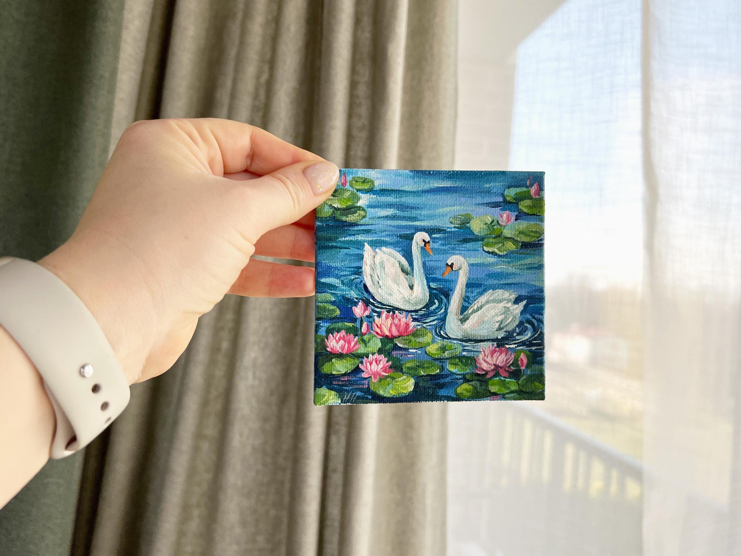 Swan Painting. Hand-Painted Mini Canvas, Romantic Lake, Water Lily Decor, Nature Lover Gift Landscape Artwork 4x4in, Gift, Original Artwork