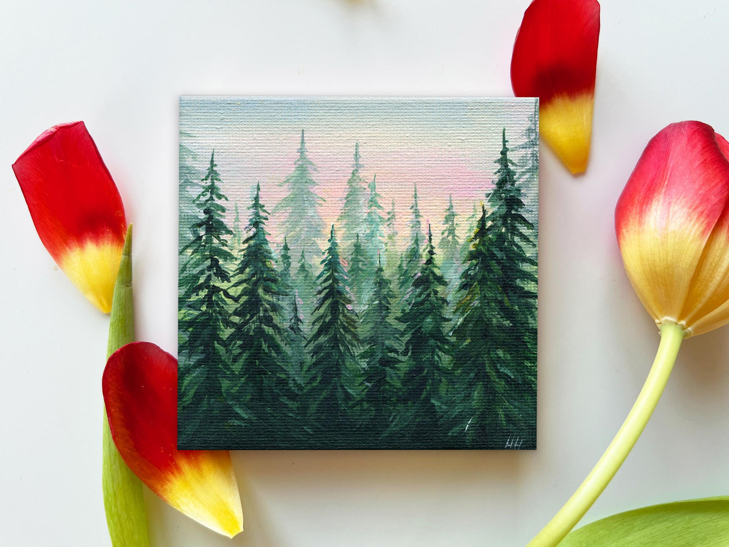 Forest Painting. Foggy forest, fogs in forest. Hand-Painted Mini Canvas, Pine Tree Landscape Art, Nature Decor Gift 4x4in Original Artwork