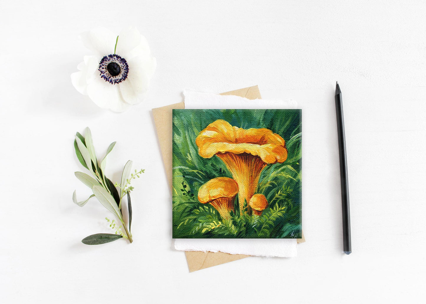 Chanterelle Mushroom Painting – Original Mini Canvas, 4x4in Woodland Art for Kitchen or Nature Decor