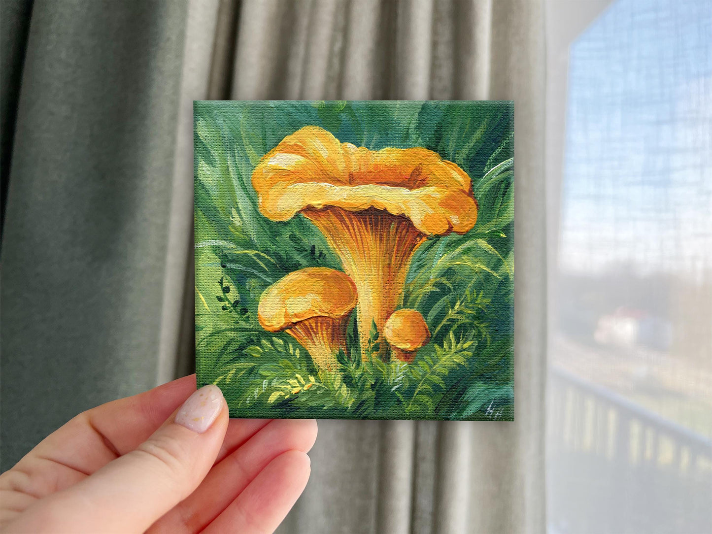 Chanterelle Mushroom Painting – Original Mini Canvas, 4x4in Woodland Art for Kitchen or Nature Decor