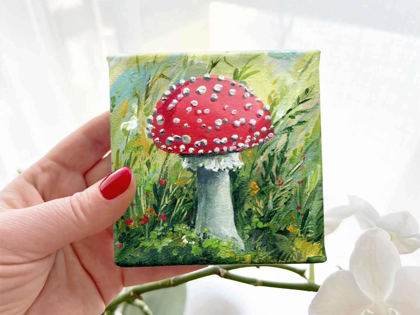 Fly Agaric Mushroom Original Painting – Red Cap on Mini Canvas – Realistic Forest Artwork
