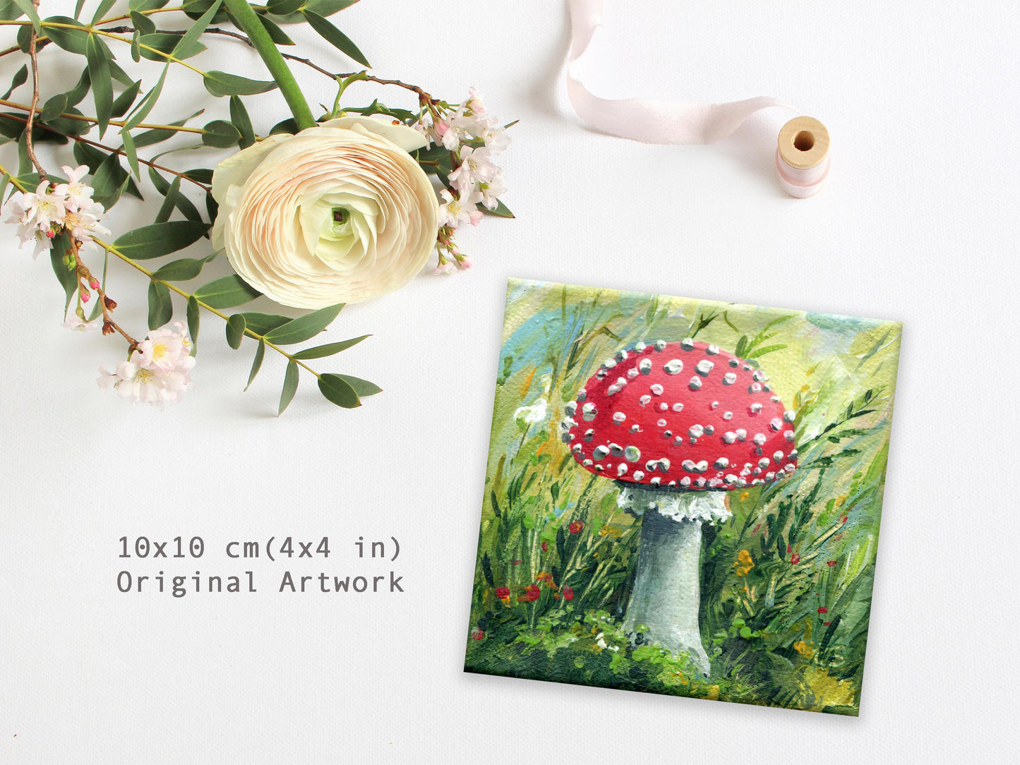 Fly Agaric Mushroom Original Painting – Red Cap on Mini Canvas – Realistic Forest Artwork