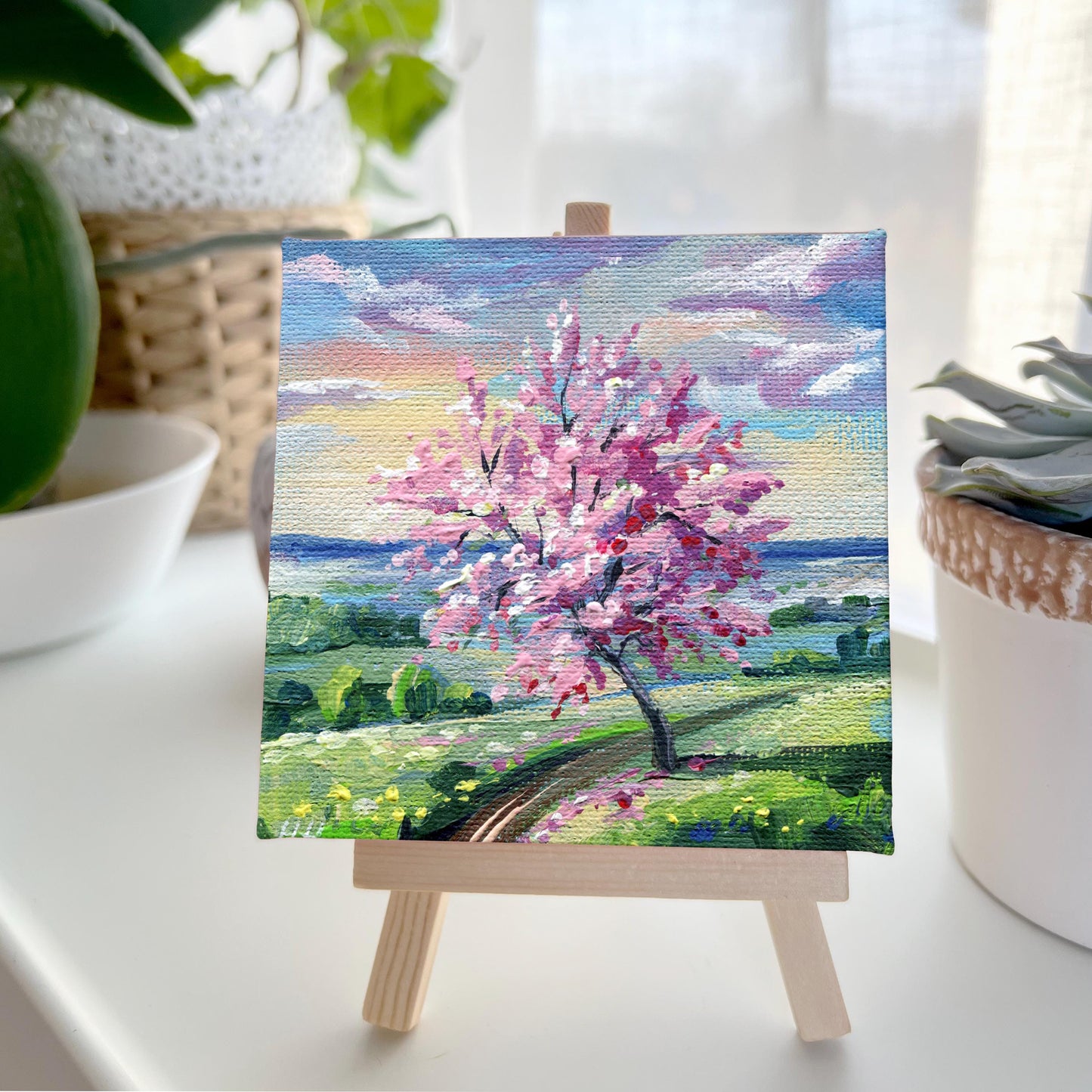 Cherry blossom, Sakura. Spring Blossom Tree Painting, Original Mini Canvas Art, Pink Floral Landscape. Gift for girls, sisters. Home Decor