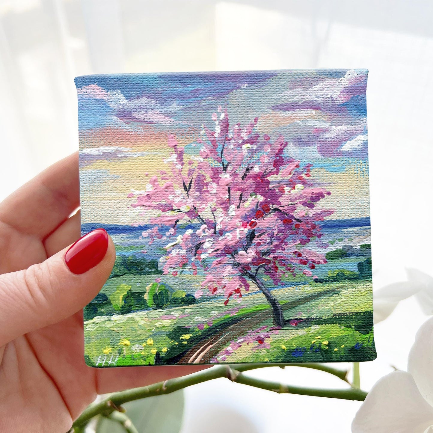 Cherry blossom, Sakura. Spring Blossom Tree Painting, Original Mini Canvas Art, Pink Floral Landscape. Gift for girls, sisters. Home Decor