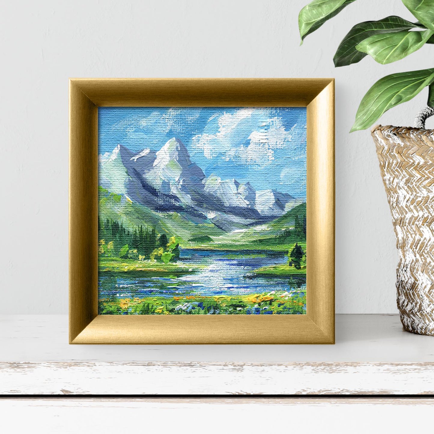 Mountain Landscape Painting, Original Acrylic Art, Mini Canvas Art, Nature Lover Gift, Lake View Decor, Switzerland. Alpine Scenery 4x4in