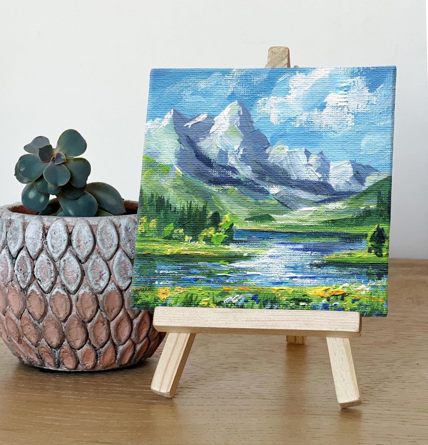Mountain Landscape Painting, Original Acrylic Art, Mini Canvas Art, Nature Lover Gift, Lake View Decor, Switzerland. Alpine Scenery 4x4in