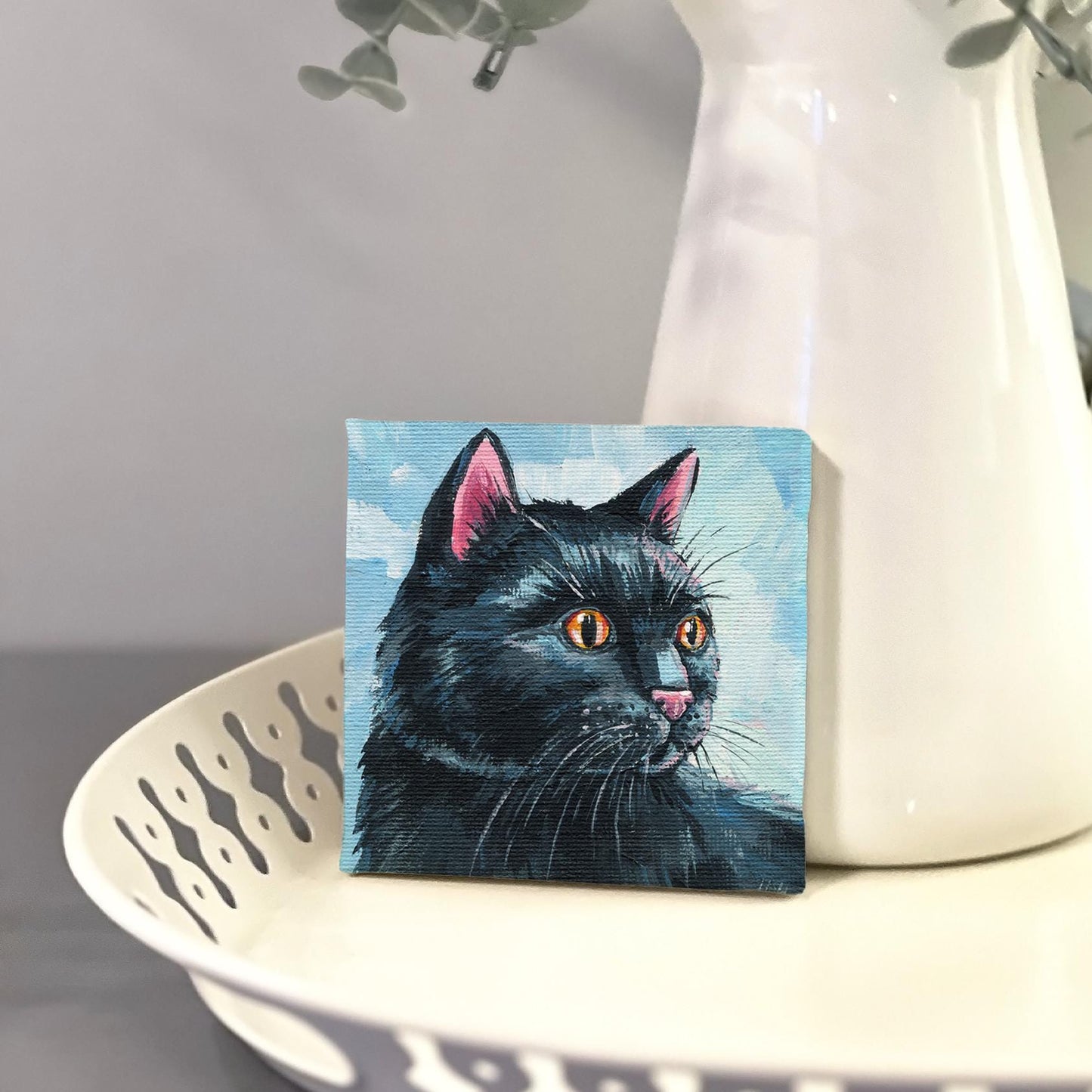 Cute Black Cat on blue Painting. Hand-Painted Black Cat Portrait, Cozy Home Decor, 4x4 Canvas, Cute Animal Art, Black kitten gift for girl