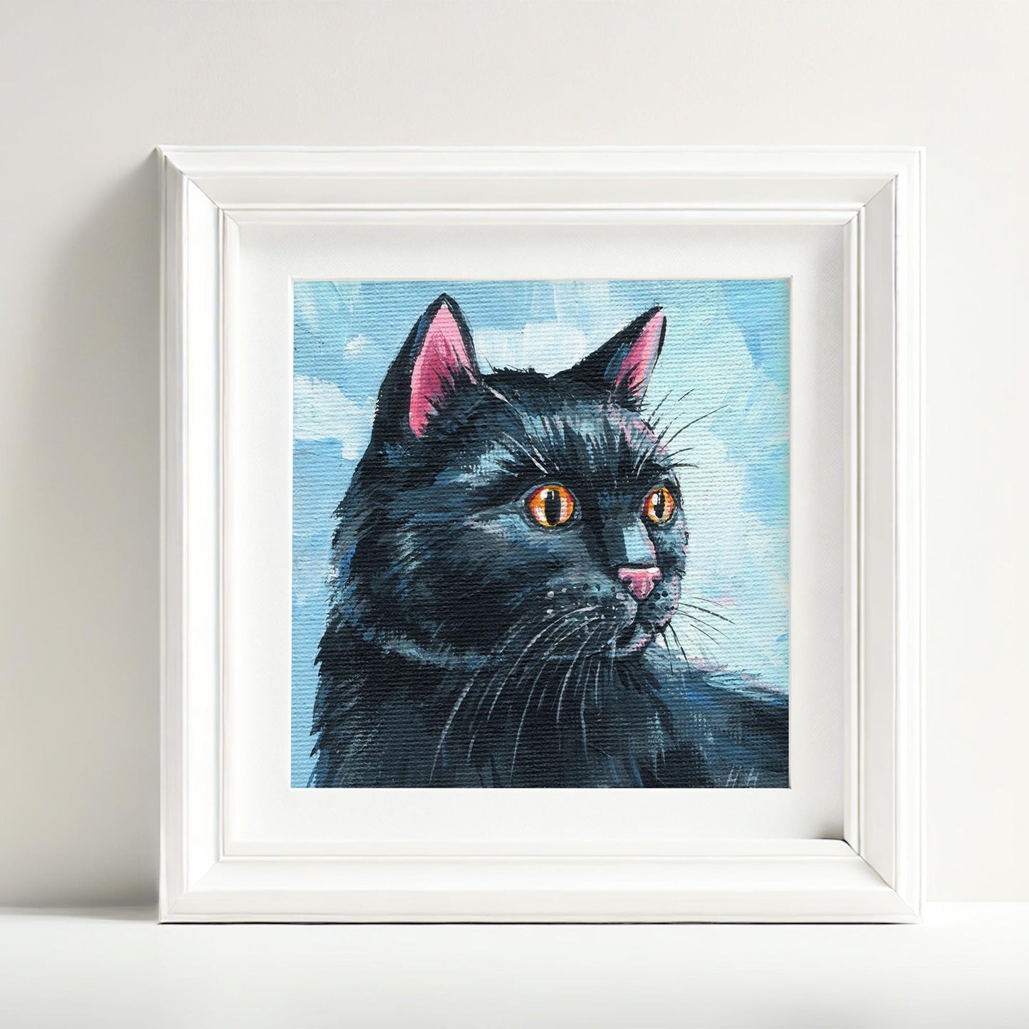Cute Black Cat on blue Painting. Hand-Painted Black Cat Portrait, Cozy Home Decor, 4x4 Canvas, Cute Animal Art, Black kitten gift for girl