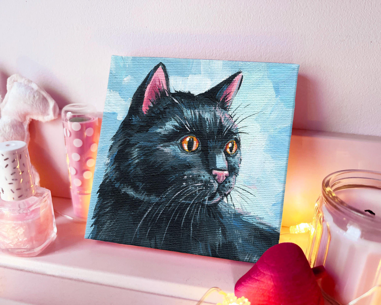 Cute Black Cat on blue Painting. Hand-Painted Black Cat Portrait, Cozy Home Decor, 4x4 Canvas, Cute Animal Art, Black kitten gift for girl