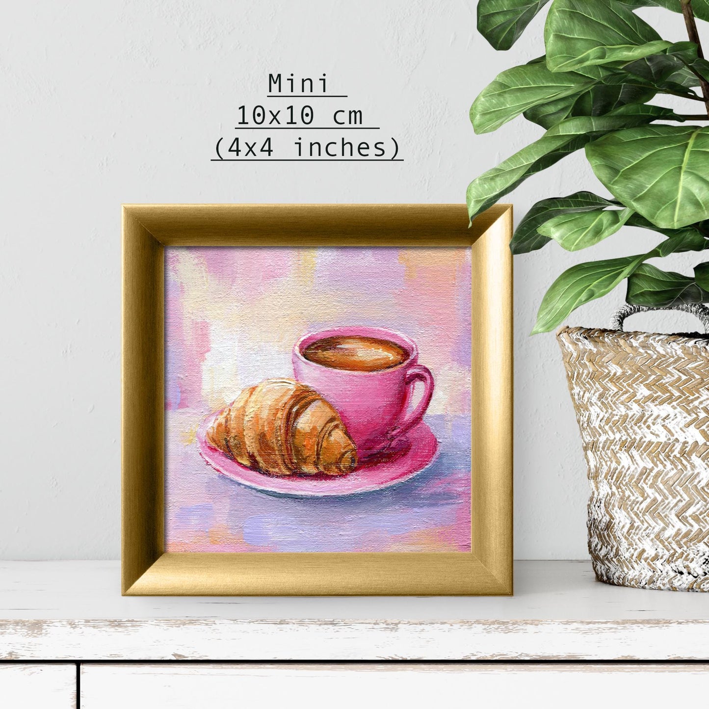 Coffee and Croissant Painting. Espresso in pink cup. French Breakfast Mini Canvas, Kitchen Decor, Foodie Gift for girl 10x10 cm Original Art