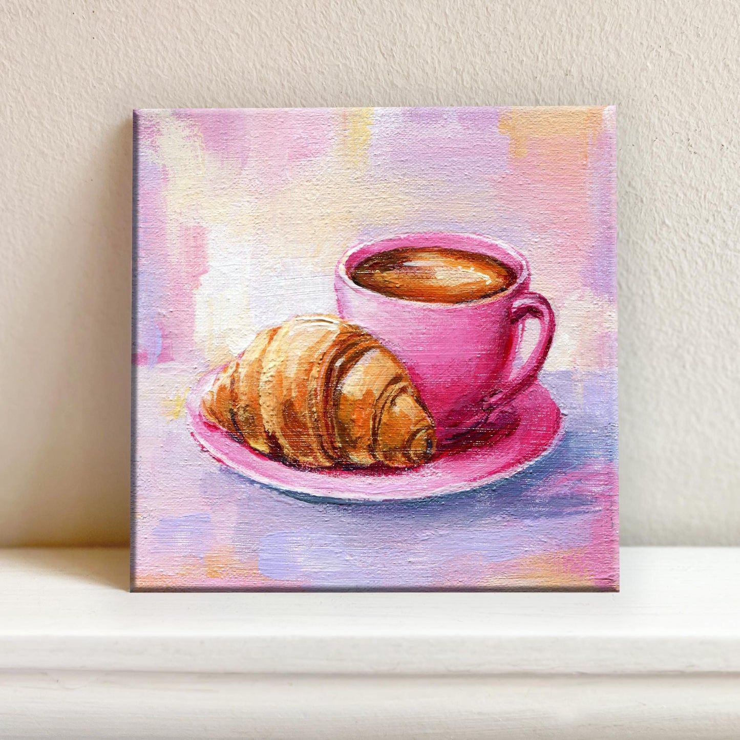 Coffee and Croissant Painting. Espresso in pink cup. French Breakfast Mini Canvas, Kitchen Decor, Foodie Gift for girl 10x10 cm Original Art