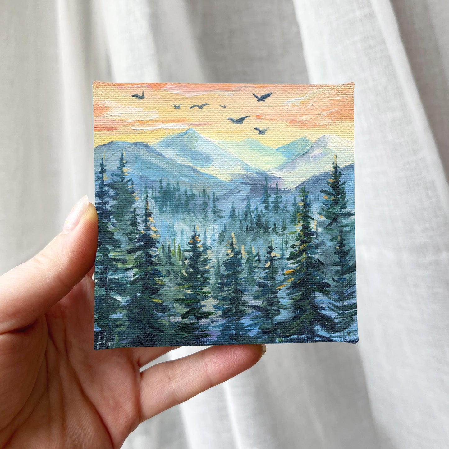 Mountain Wilderness painting. Original Hand-Painted Miniature Landscape, Birds fly over the misty forest, Nature Wall Art, Mini Mountain 4x4