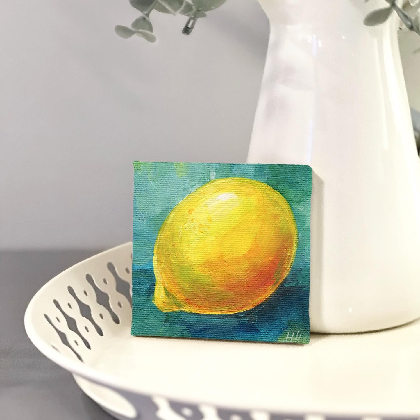 Original Lemon Oil Painting, Miniature Fruit Art, Small Kitchen Decor, Yellow Citrus Canvas, Tiny Still Life