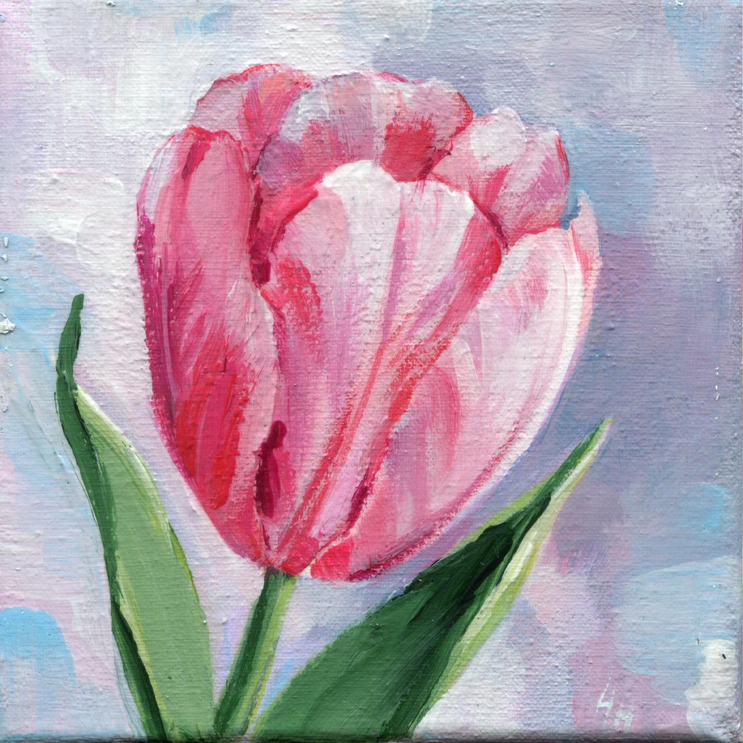Tulip Painting Pink Flower Art, Floral Wall Decor, Spring Botanical Gift Hand-Painted Mini Canvas 4x4in, Romantic Gift, Original Artwork