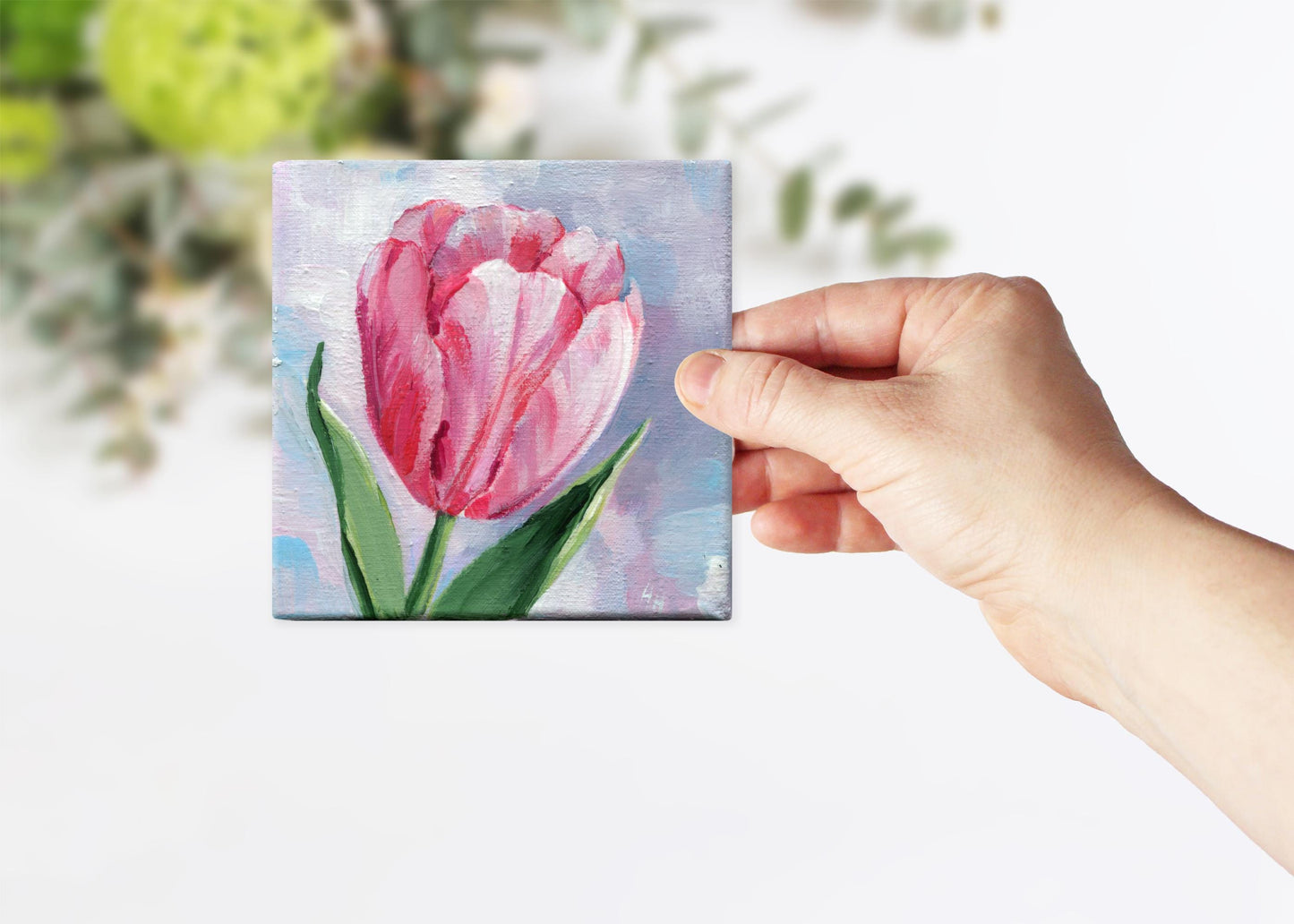 Tulip Painting Pink Flower Art, Floral Wall Decor, Spring Botanical Gift Hand-Painted Mini Canvas 4x4in, Romantic Gift, Original Artwork