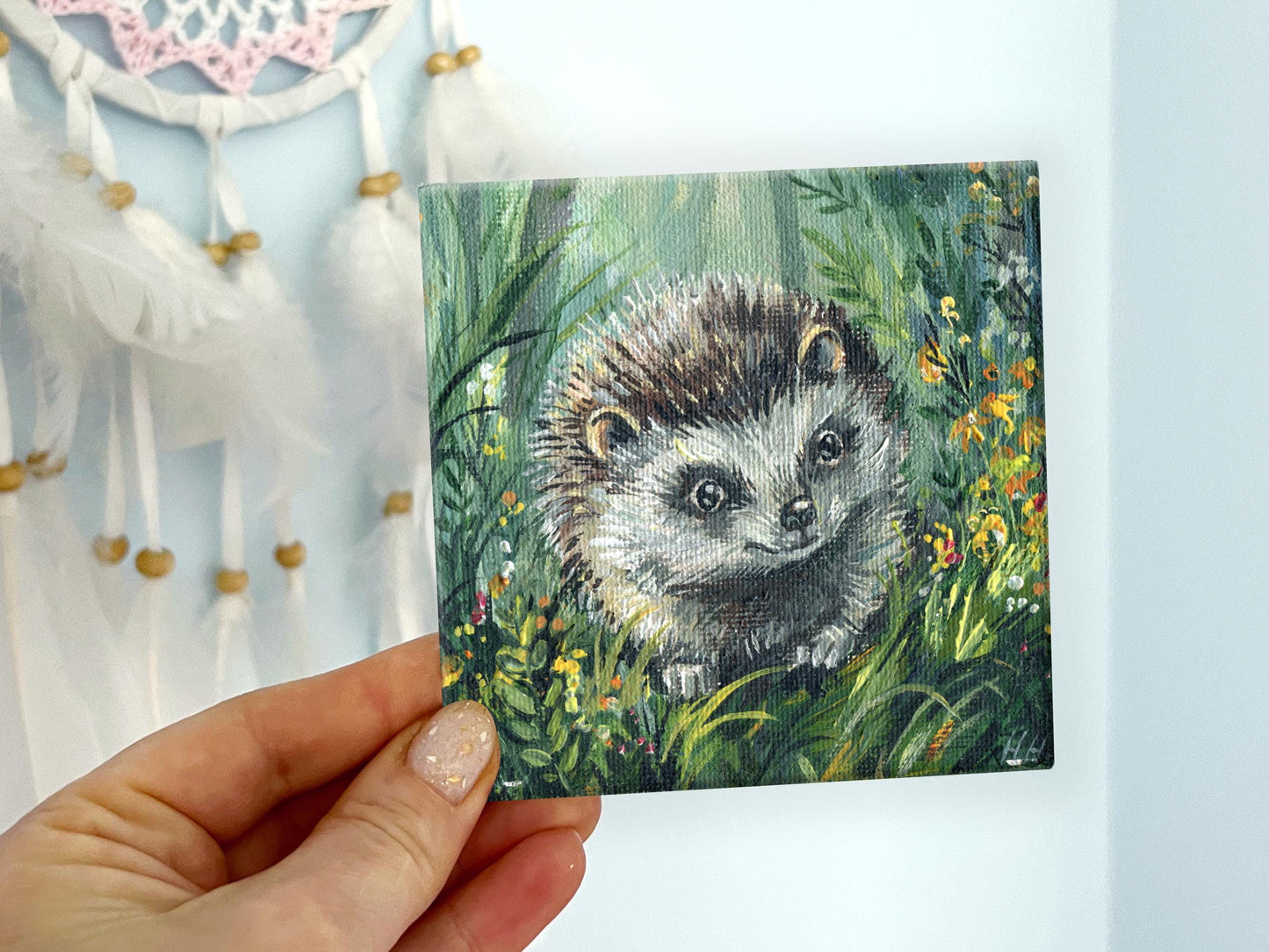 Hedgehog Painting. Hand-Painted Mini Canvas, Woodland Animal Art, Cute Forest Decor, Nature Lover Gift. 10x10 cm(4x4 in), Original Artwork