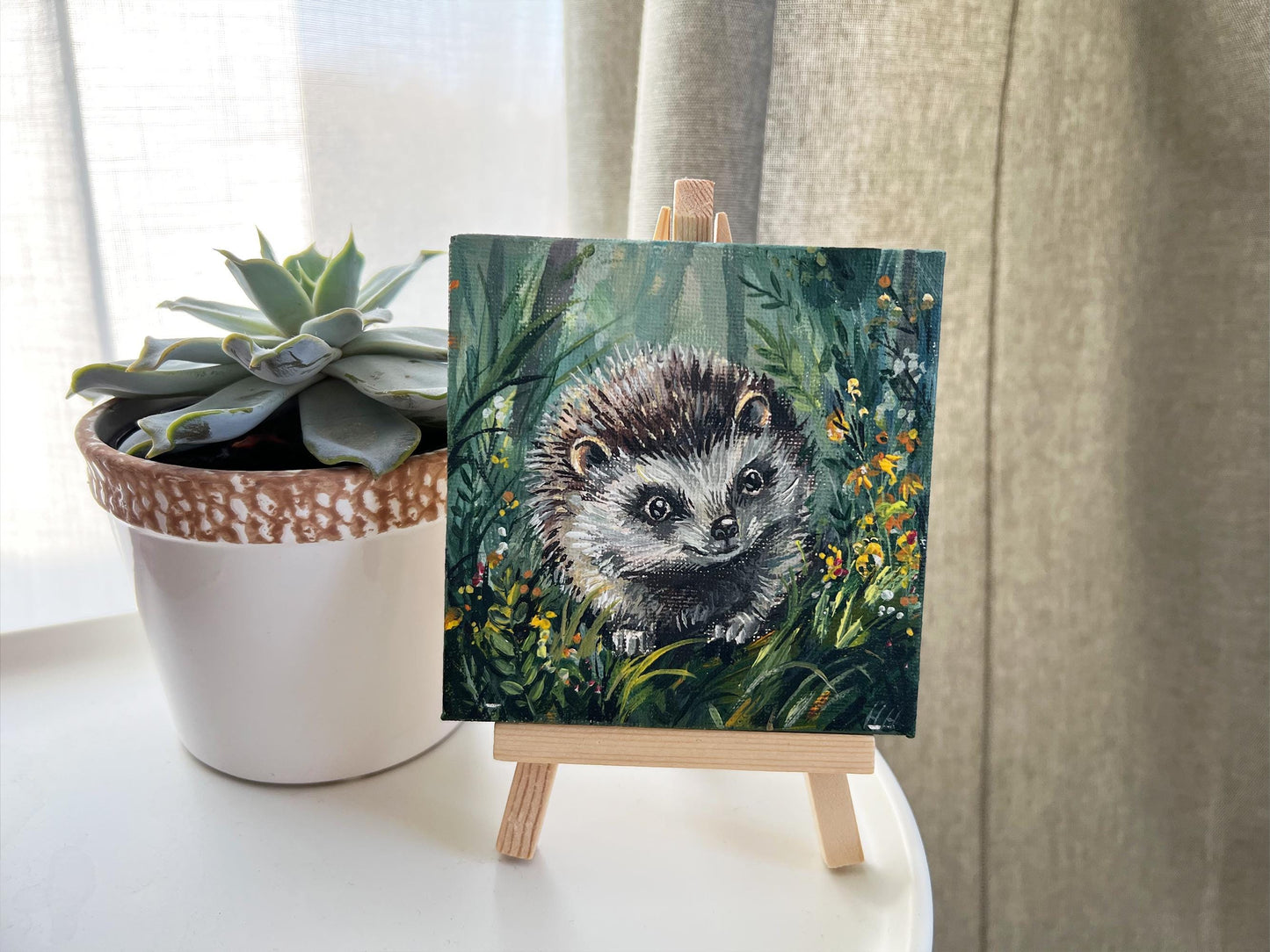Hedgehog Painting. Hand-Painted Mini Canvas, Woodland Animal Art, Cute Forest Decor, Nature Lover Gift. 10x10 cm(4x4 in), Original Artwork