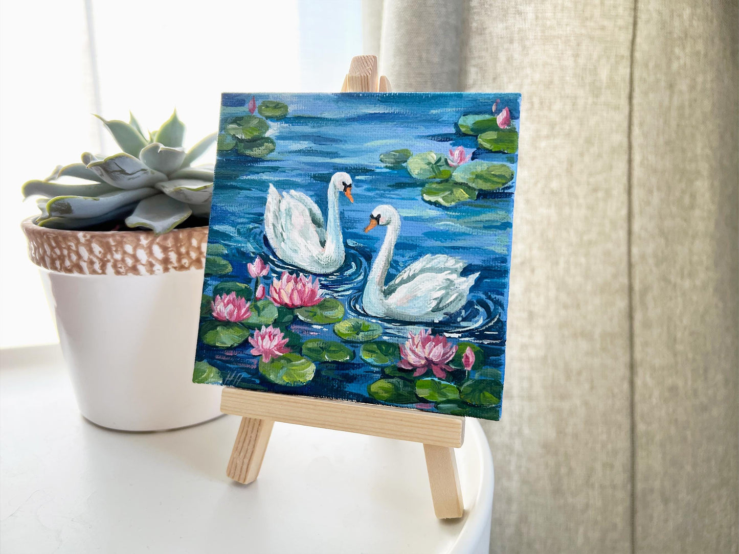 Swan Painting. Hand-Painted Mini Canvas, Romantic Lake, Water Lily Decor, Nature Lover Gift Landscape Artwork 4x4in, Gift, Original Artwork