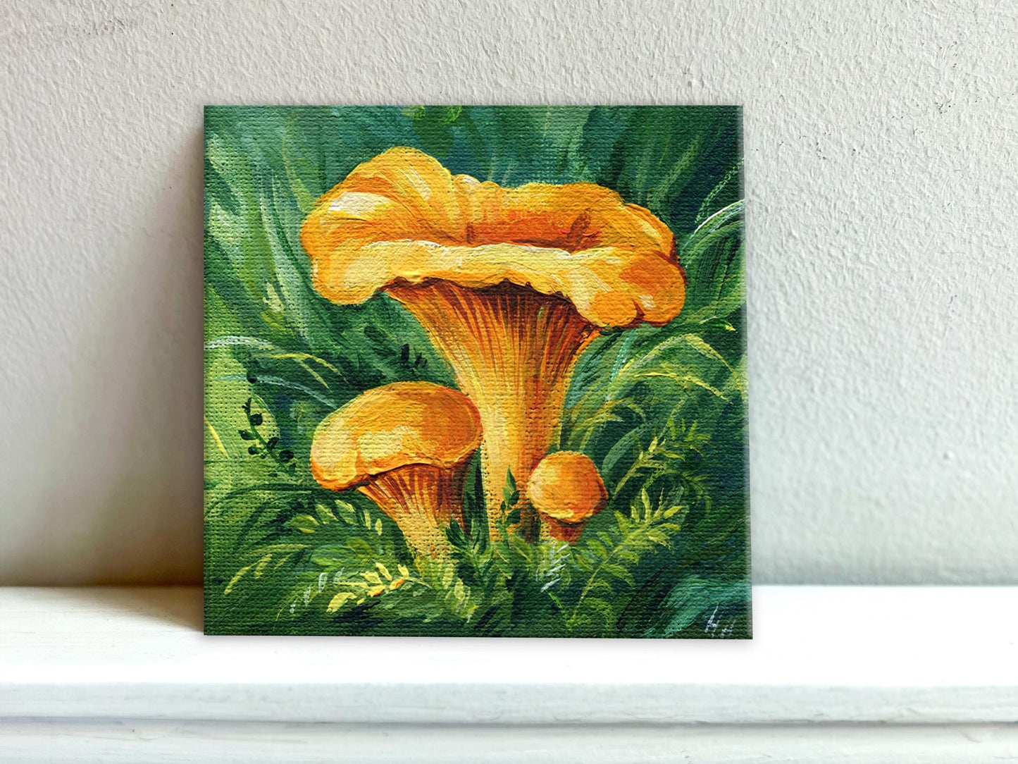 Chanterelle Mushroom Painting – Original Mini Canvas, 4x4in Woodland Art for Kitchen or Nature Decor