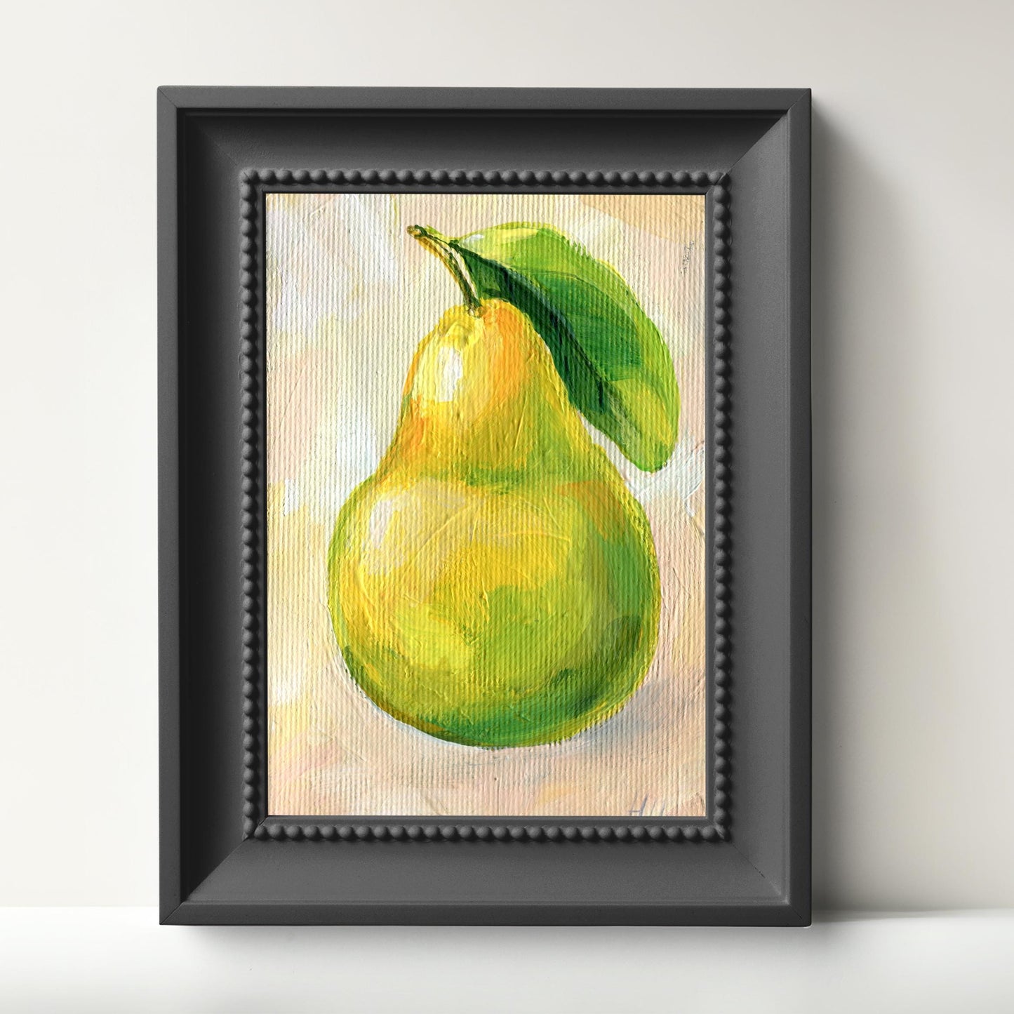 Original Yellow Pear oil painting by Hanna Hryharenka with close-up detail of realistic fruit texture