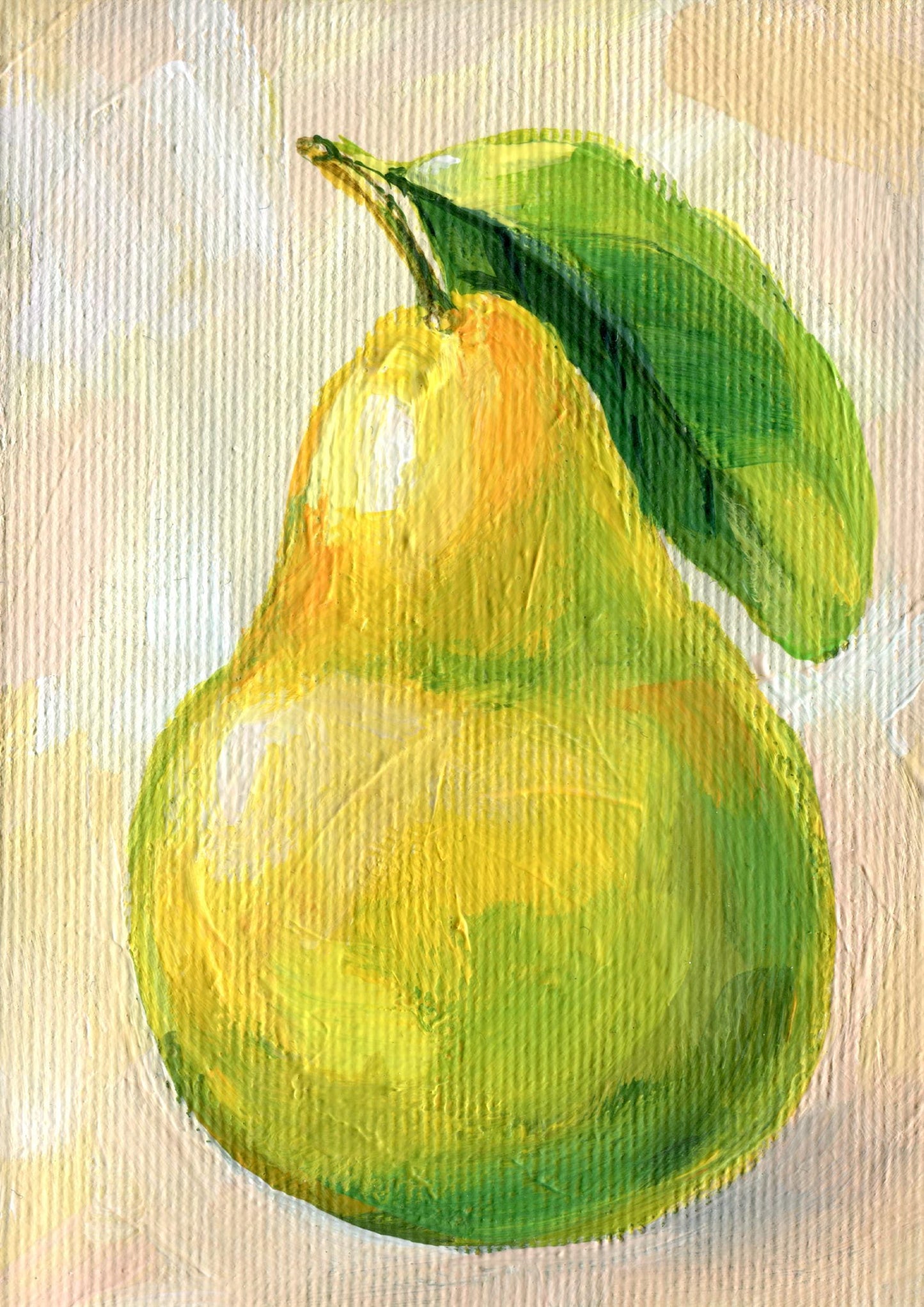 Original Yellow Pear oil painting by Hanna Hryharenka showing 4x6 inch canvas size in hand