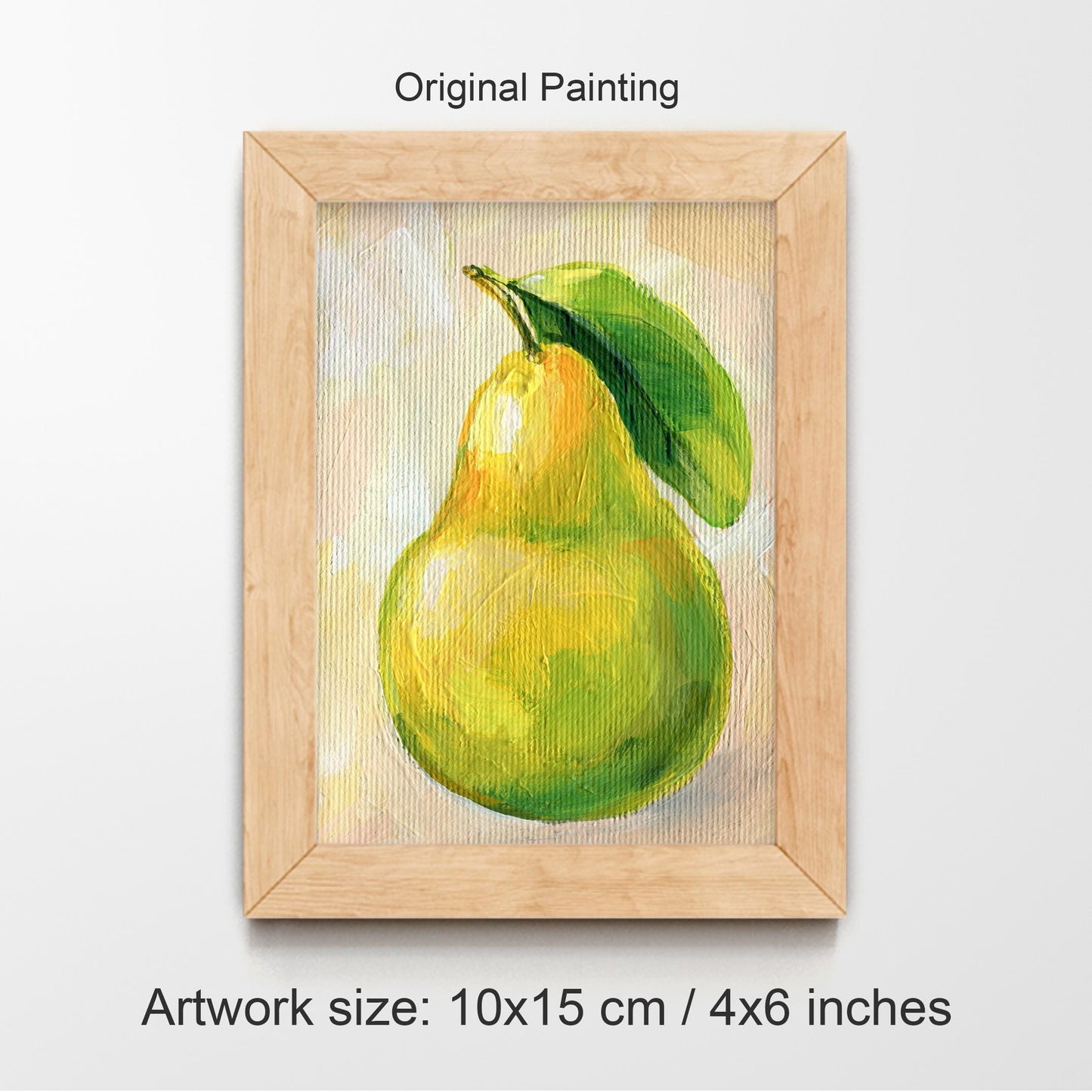 Original Yellow Pear oil painting by Hanna Hryharenka showing vibrant golden fruit with textured impasto technique