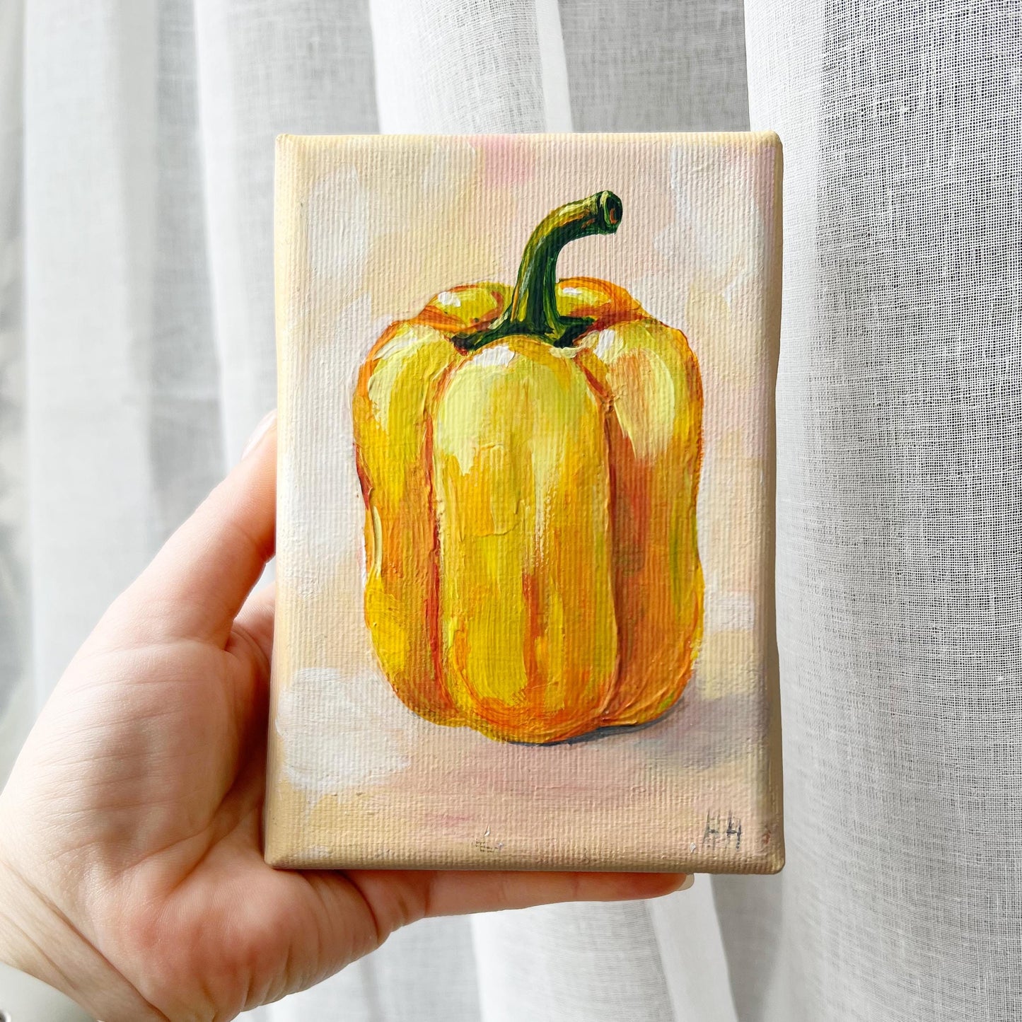 Original Yellow Bell Pepper Painting. Vegetable Wall Art. Small Kitchen Decor. Hand-Painted Mini Canvas Artwork Vibrant Harvest