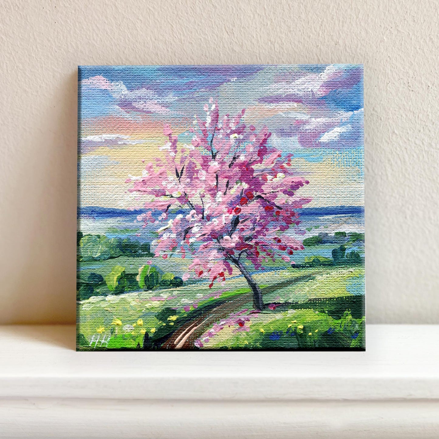 Cherry blossom, Sakura. Spring Blossom Tree Painting, Original Mini Canvas Art, Pink Floral Landscape. Gift for girls, sisters. Home Decor