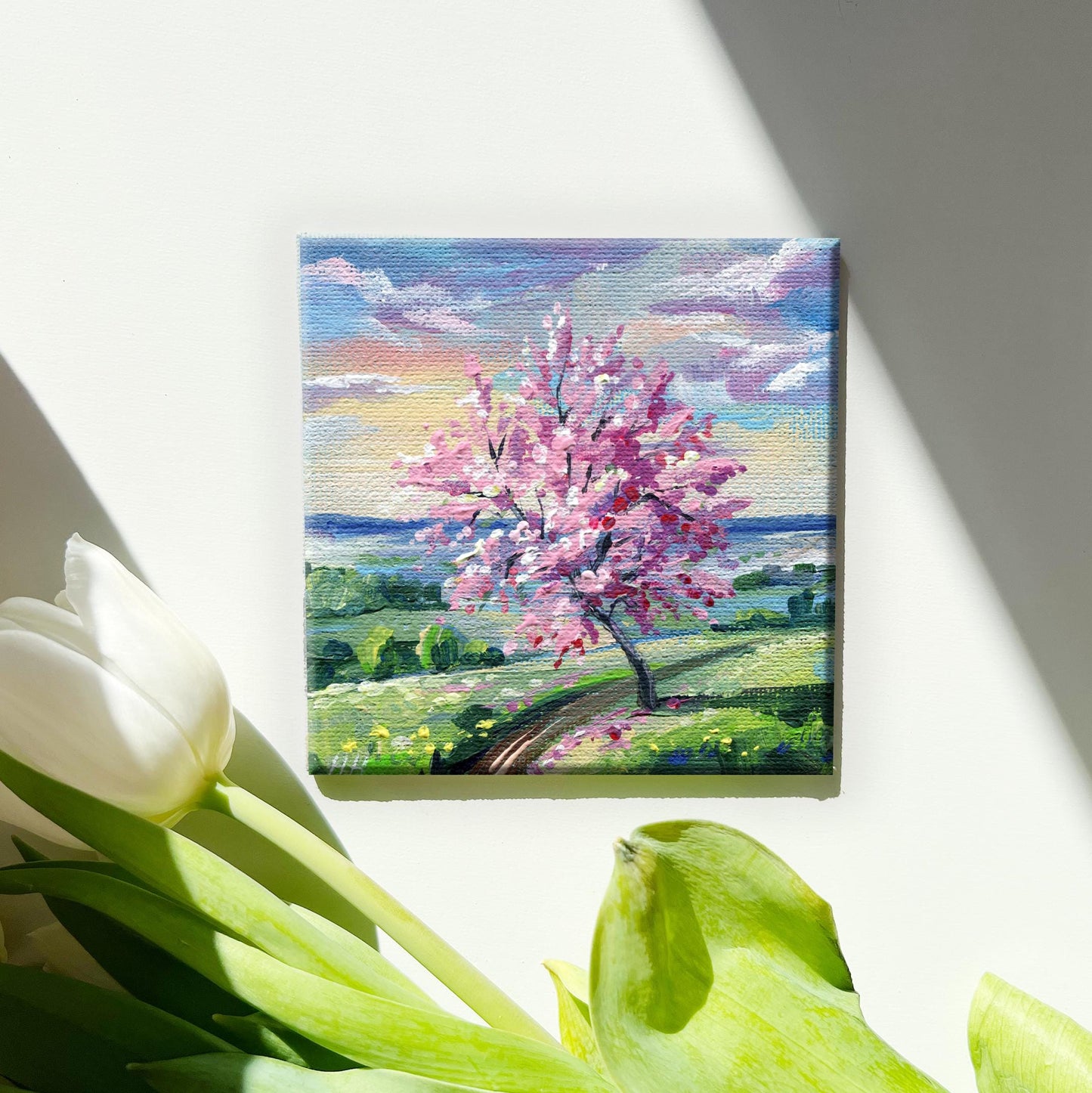 Cherry blossom, Sakura. Spring Blossom Tree Painting, Original Mini Canvas Art, Pink Floral Landscape. Gift for girls, sisters. Home Decor