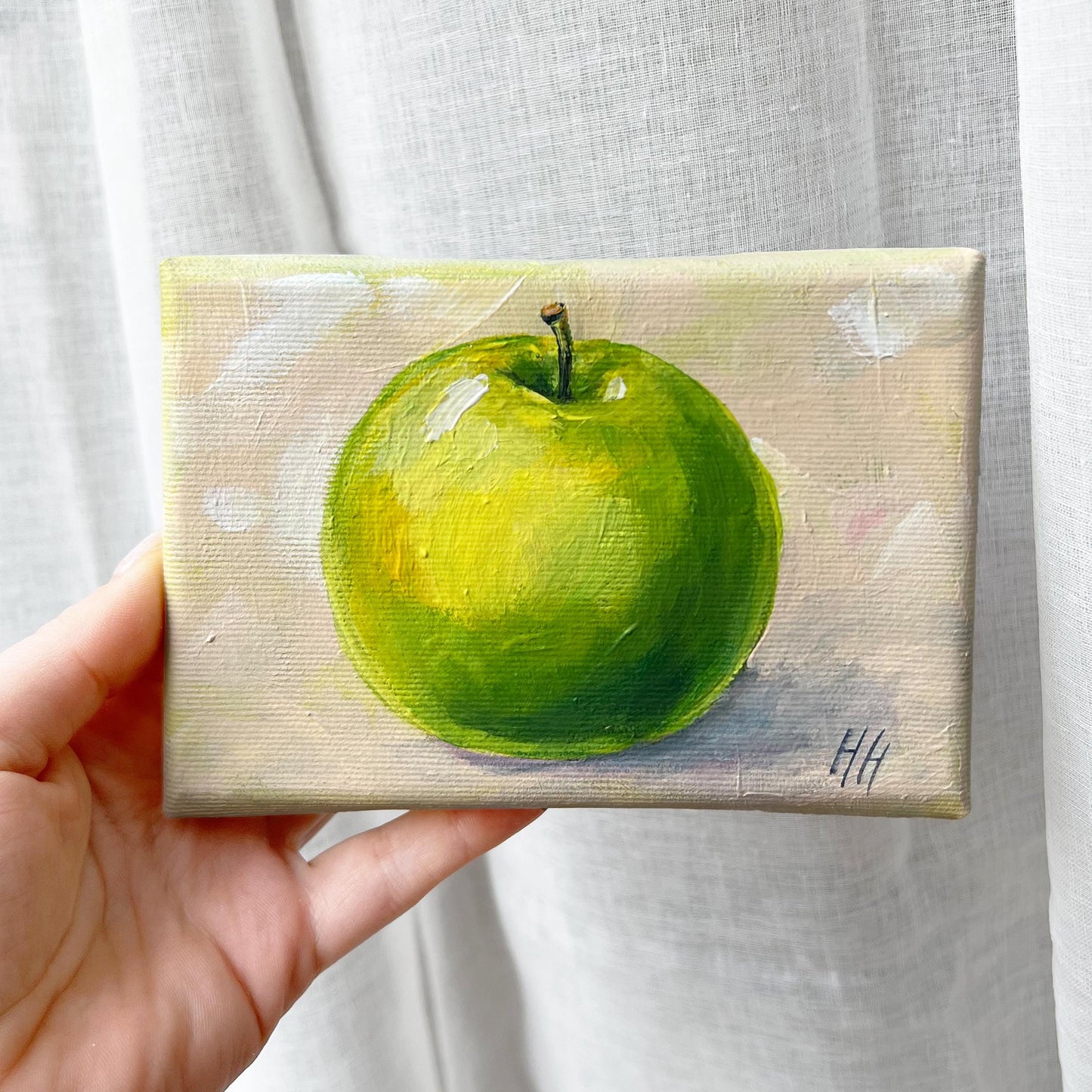 Green Apple Painting. Summer Green Apple Art. Original Fruit Painting on Small Canvas. Kitchen Decor. Original acrylic painting