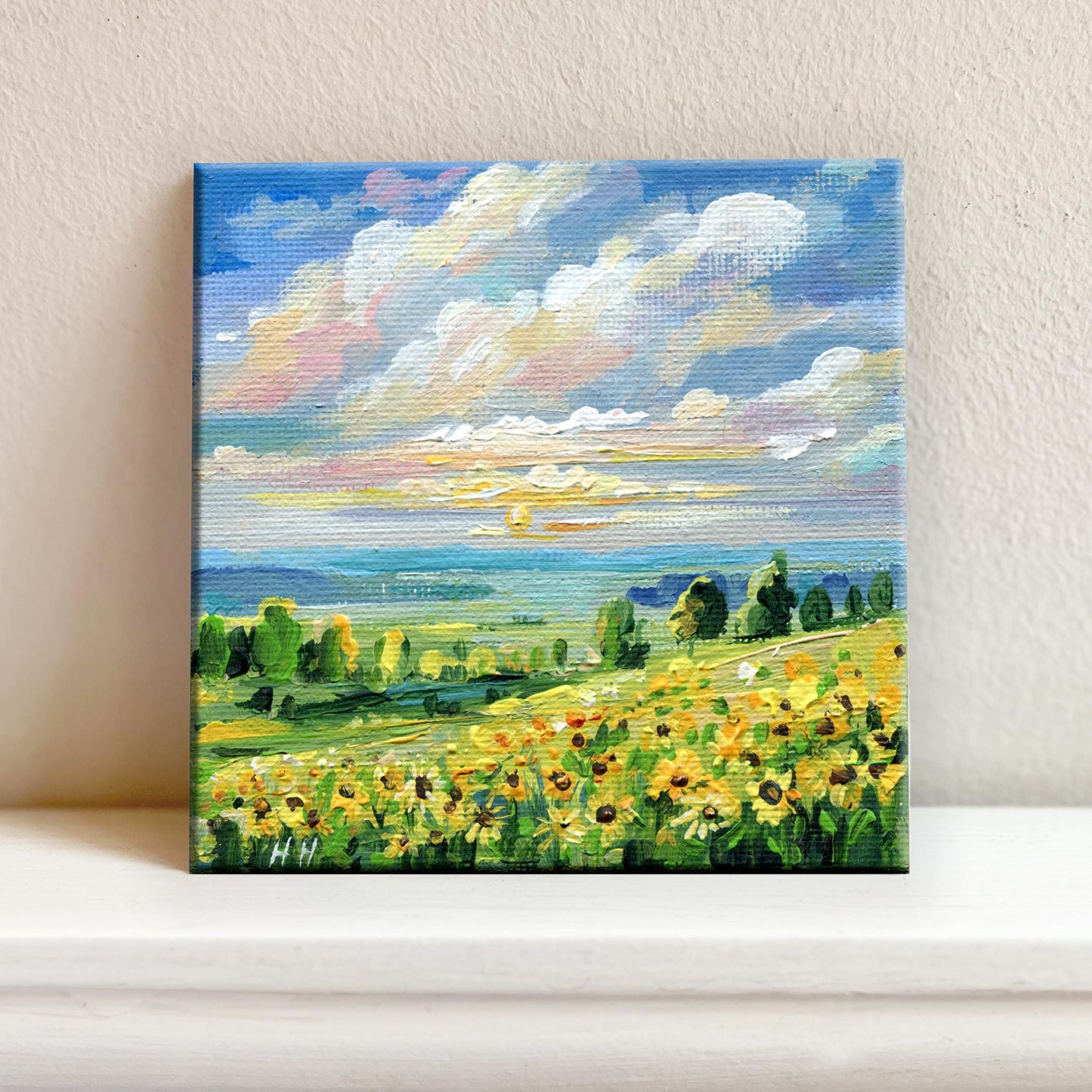 Sunflower Field Painting, Original Acrylic Landscape Art, Countryside Wall Decor, Nature Lover Gift Floral Art, Small Canvas Artwork Tuscany