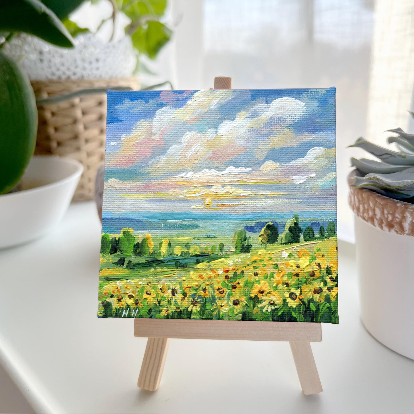 Sunflower Field Painting, Original Acrylic Landscape Art, Countryside Wall Decor, Nature Lover Gift Floral Art, Small Canvas Artwork Tuscany