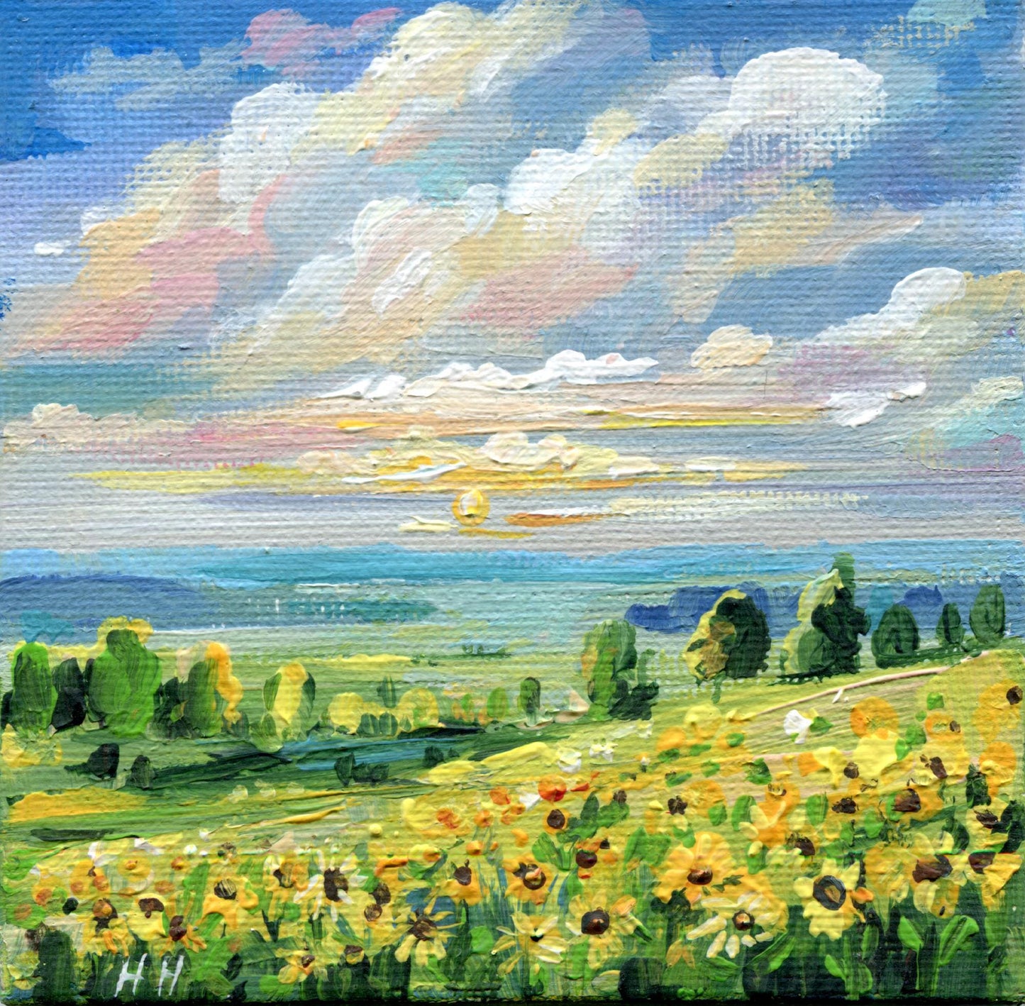 Sunflower Field Painting, Original Acrylic Landscape Art, Countryside Wall Decor, Nature Lover Gift Floral Art, Small Canvas Artwork Tuscany