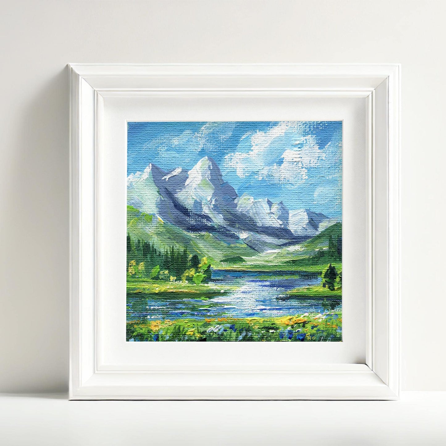Mountain Landscape Painting, Original Acrylic Art, Mini Canvas Art, Nature Lover Gift, Lake View Decor, Switzerland. Alpine Scenery 4x4in