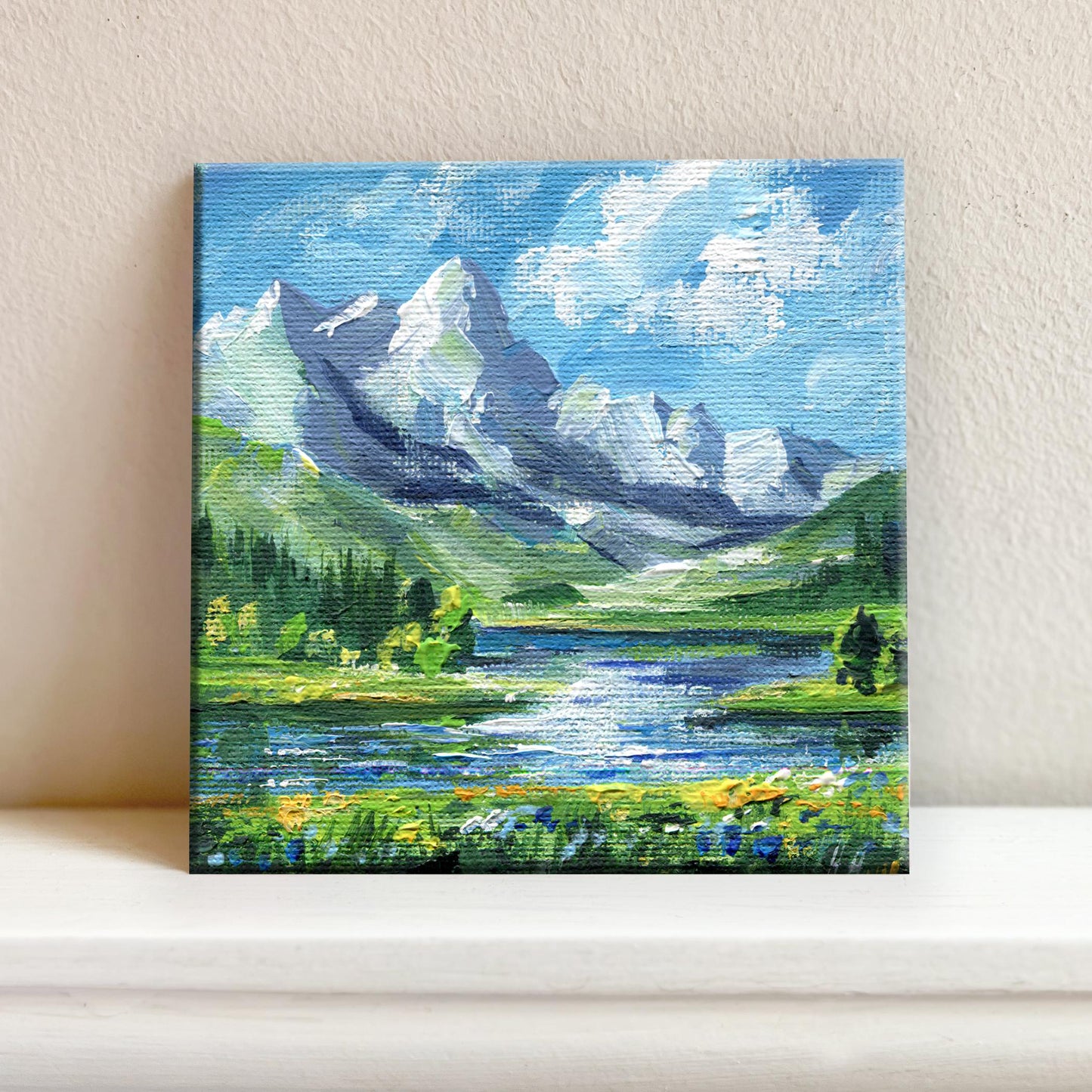 Mountain Landscape Painting, Original Acrylic Art, Mini Canvas Art, Nature Lover Gift, Lake View Decor, Switzerland. Alpine Scenery 4x4in