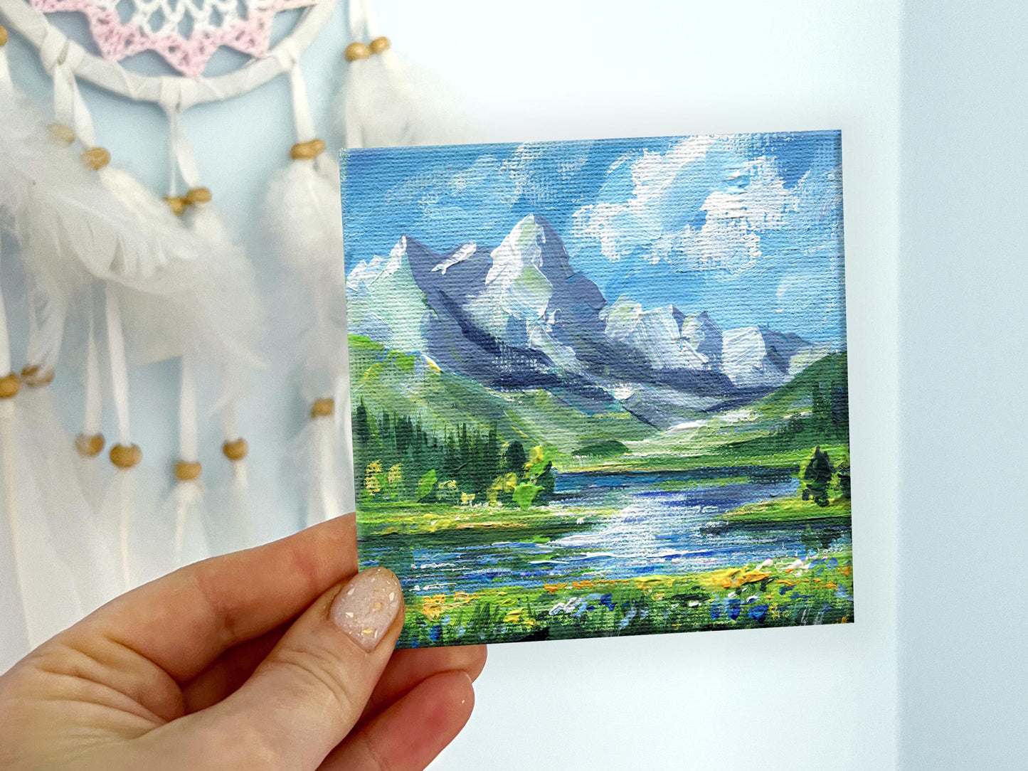 Mountain Landscape Painting, Original Acrylic Art, Mini Canvas Art, Nature Lover Gift, Lake View Decor, Switzerland. Alpine Scenery 4x4in