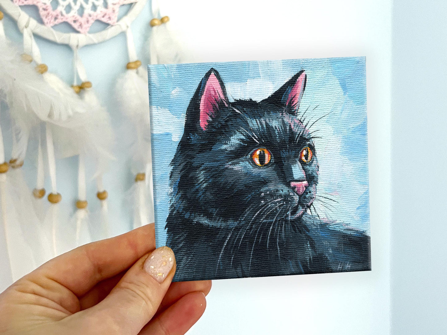 Cute Black Cat on blue Painting. Hand-Painted Black Cat Portrait, Cozy Home Decor, 4x4 Canvas, Cute Animal Art, Black kitten gift for girl